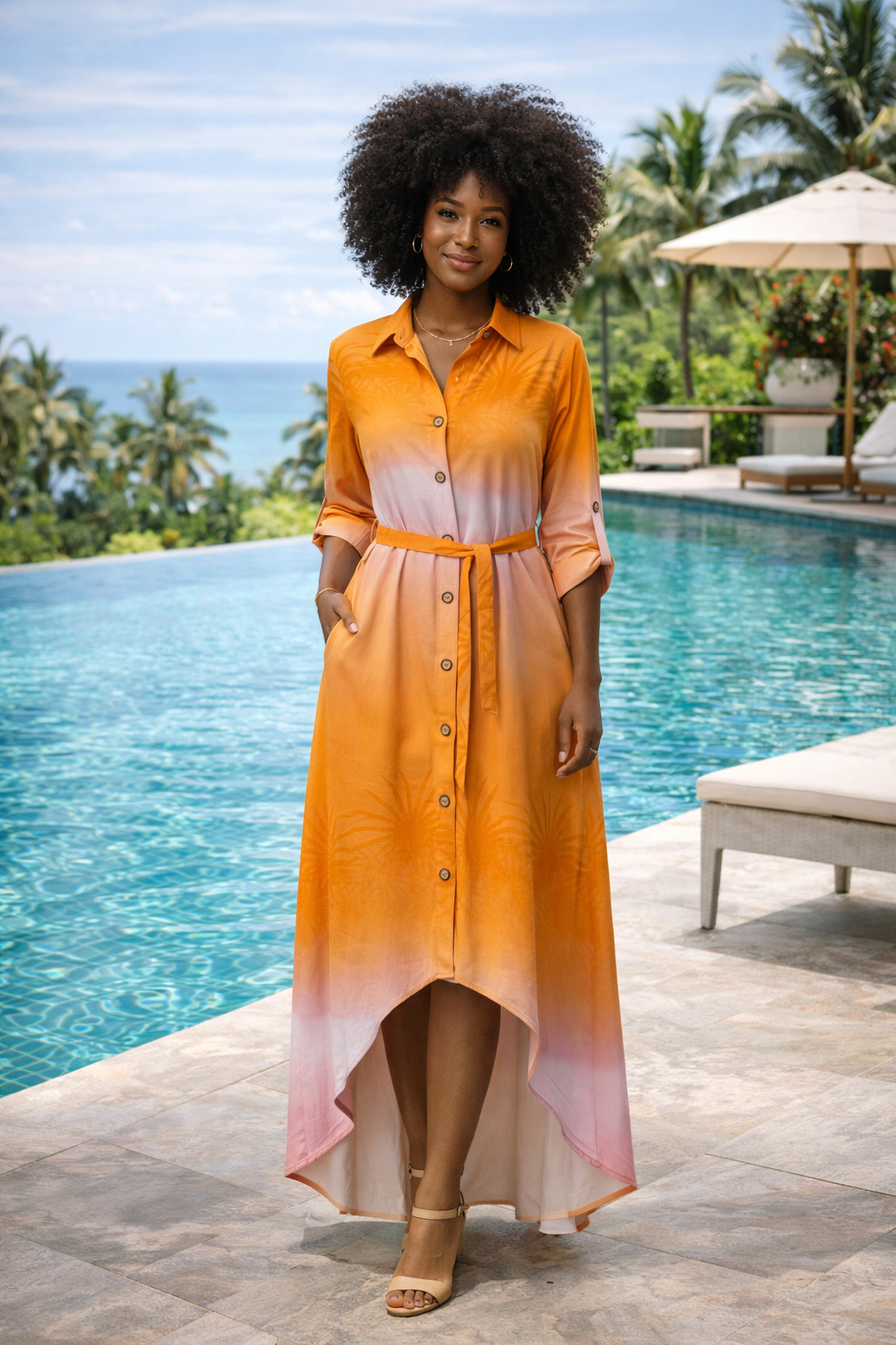 Ombre Midi Dress with Pockets and Belt, Asymmetrical High-Low Boho Dress for Women, Gradient Print Summer Dress, Beach Vacation Resort Wear