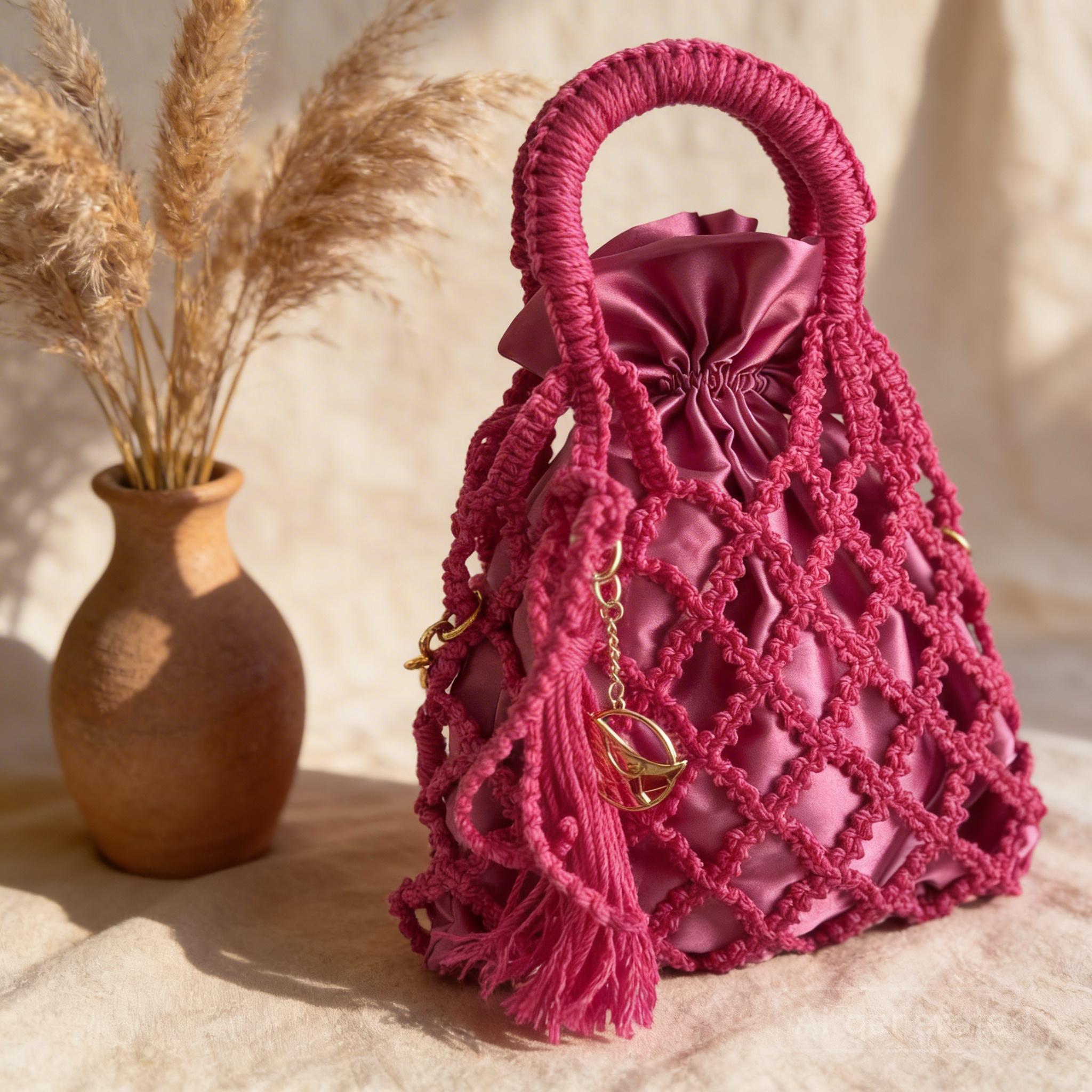 Handmade Macrame Fishnet Bag, Unique Luxury Handbag,  Handle top Small Macrame Purse