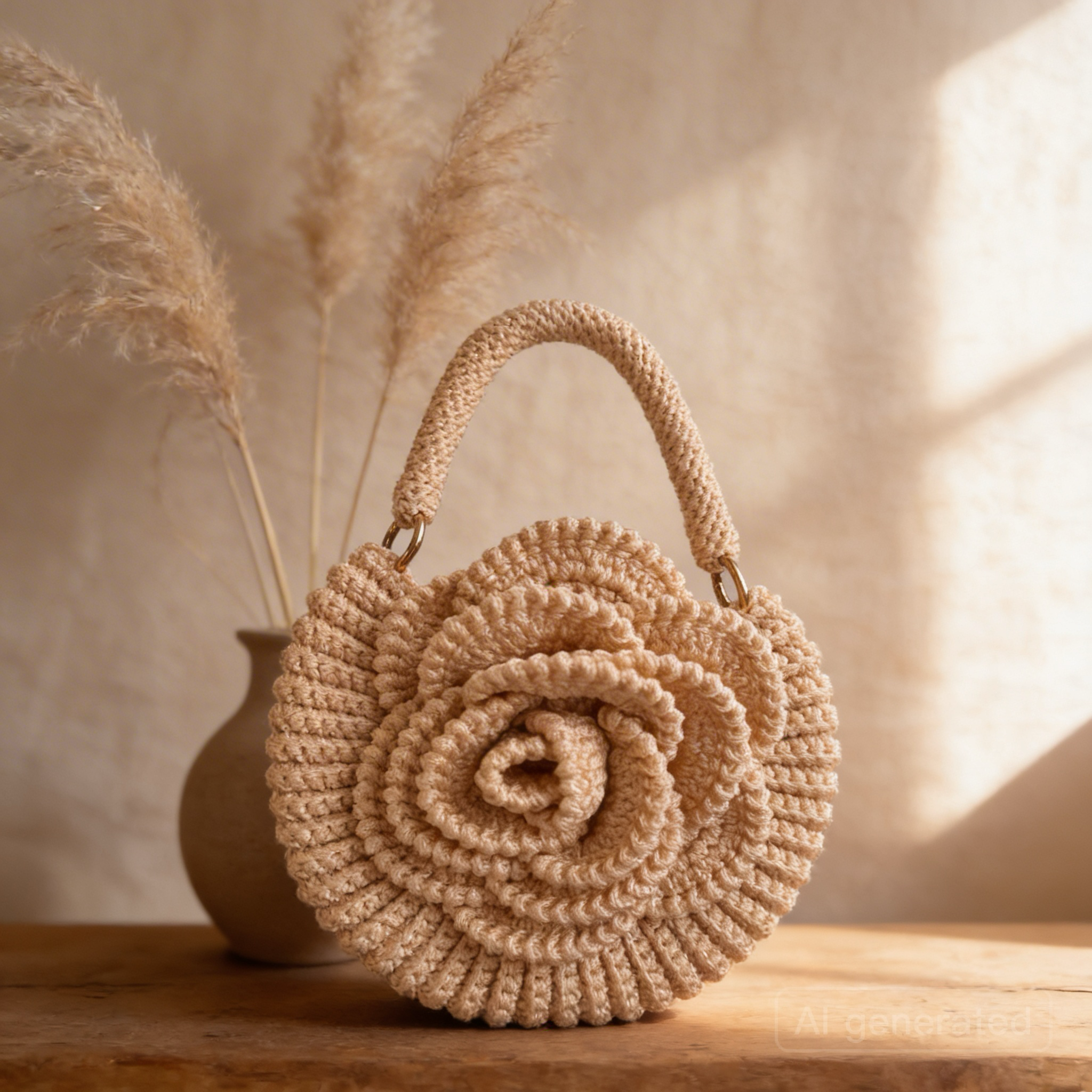 Handmade Rose Crochet Top Handle Bag, Round Flower Knitted Purse