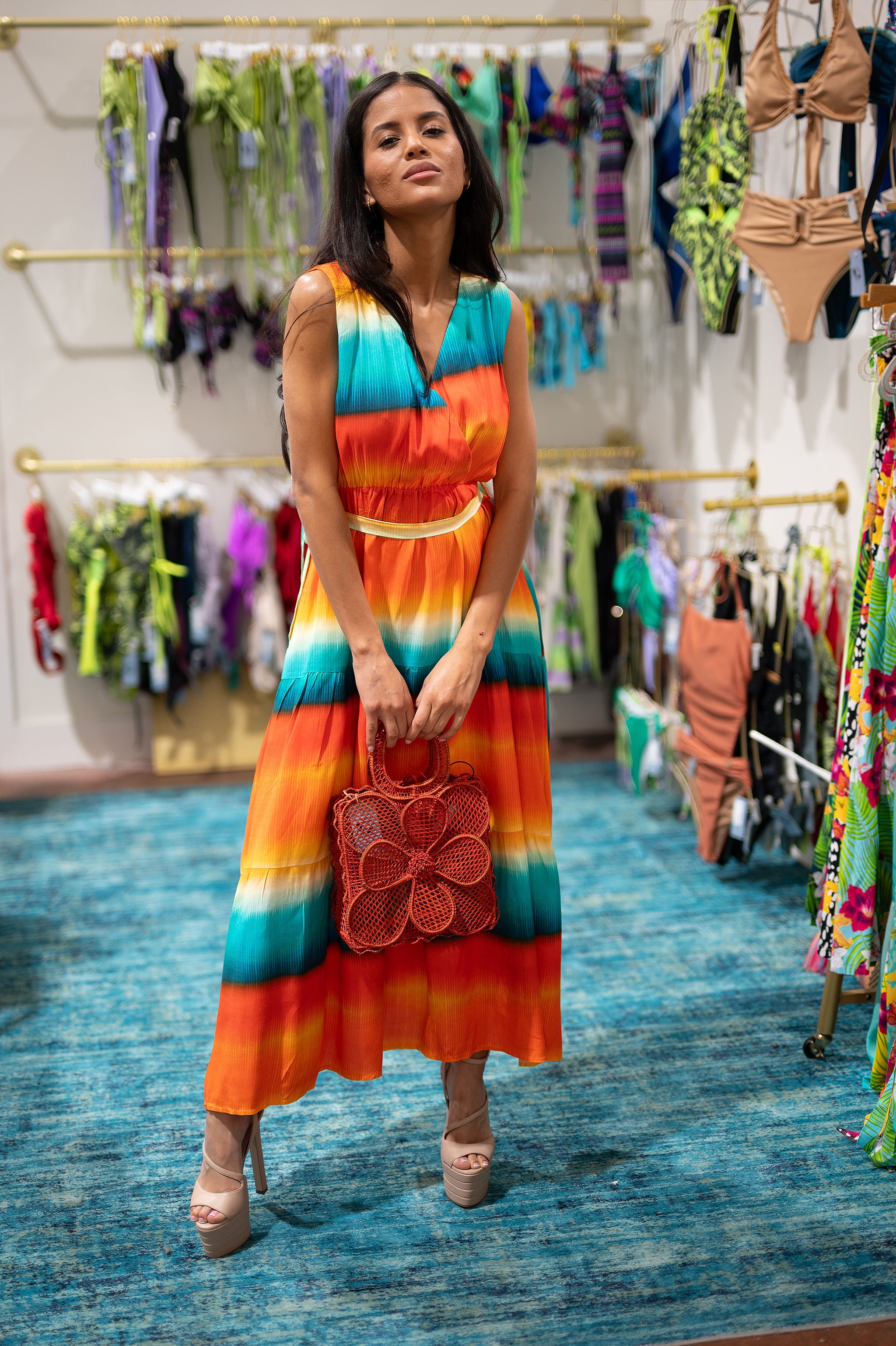 Floral Midi Dress Sleeveless with Pockets and Belt,Boho Deep V Neck Dress for Women, Tropical Print Summer Dress,Beach Resort Vacation Wear