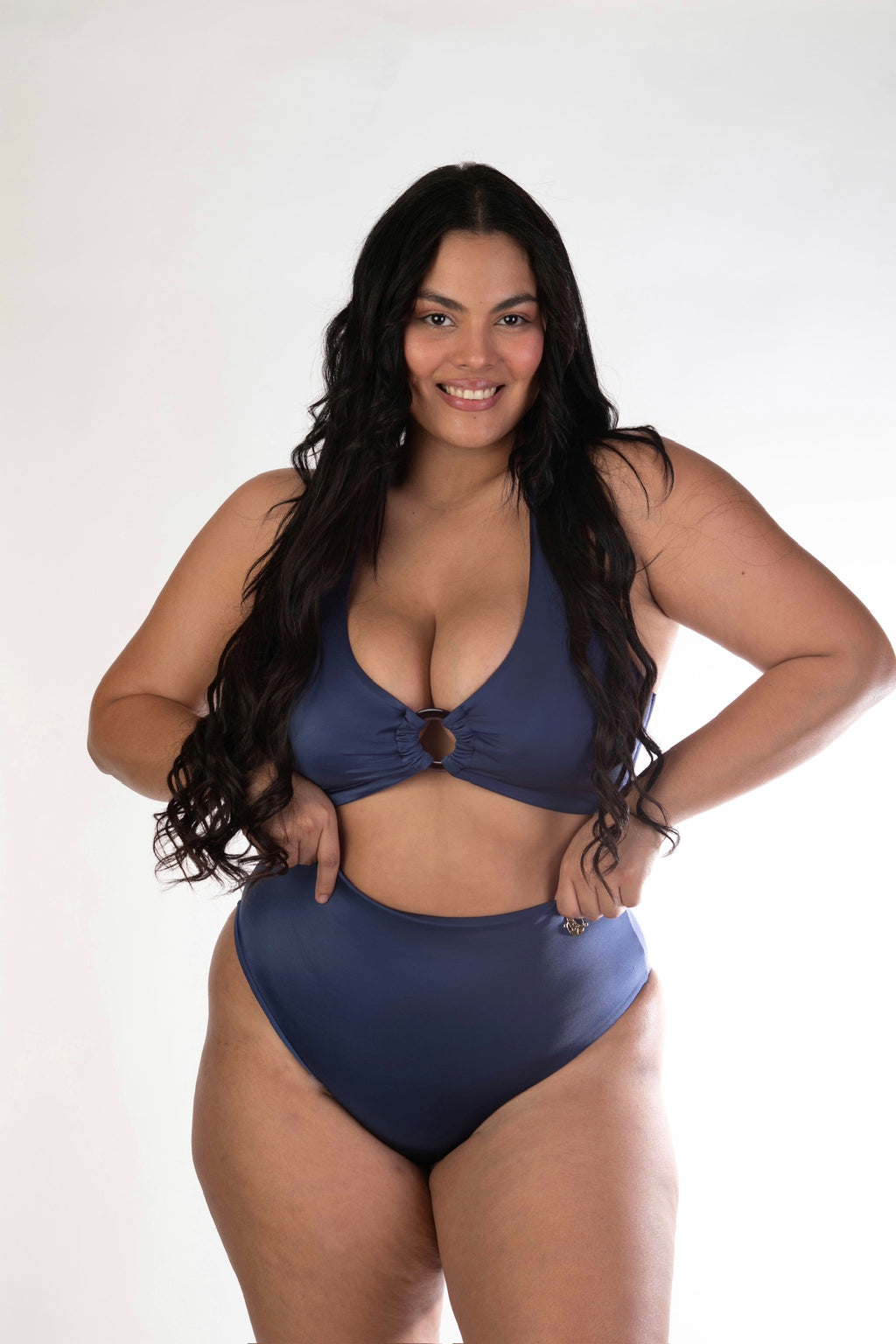 Navy  Blue Halter Top  with High-Waisted Shiny Bathing Suit Bikini Set