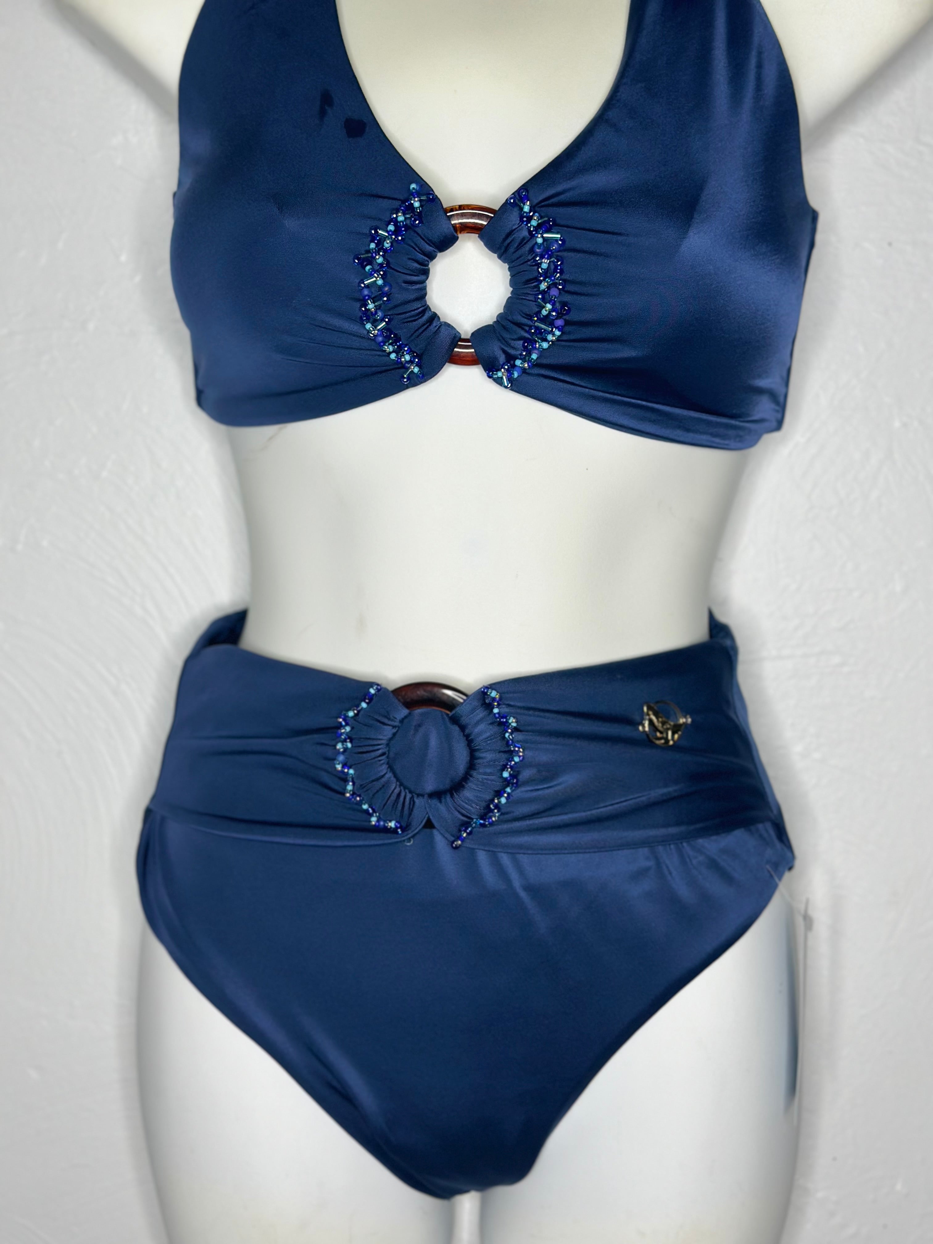 Navy  Blue Halter Top  with High-Waisted Shiny Bathing Suit Bikini Set