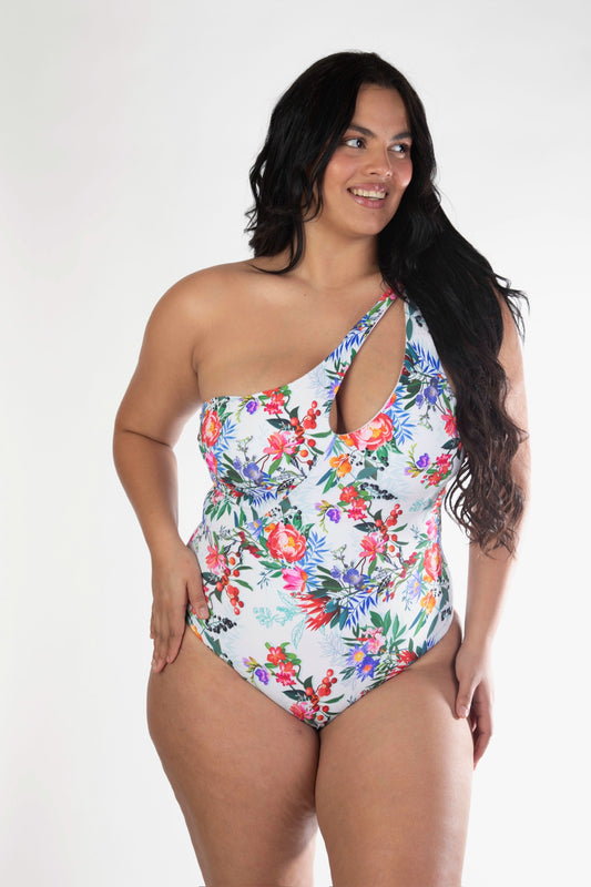 One Shoulder Asymmetrical One-Piece Bathing Suits with a Flower  Print Design