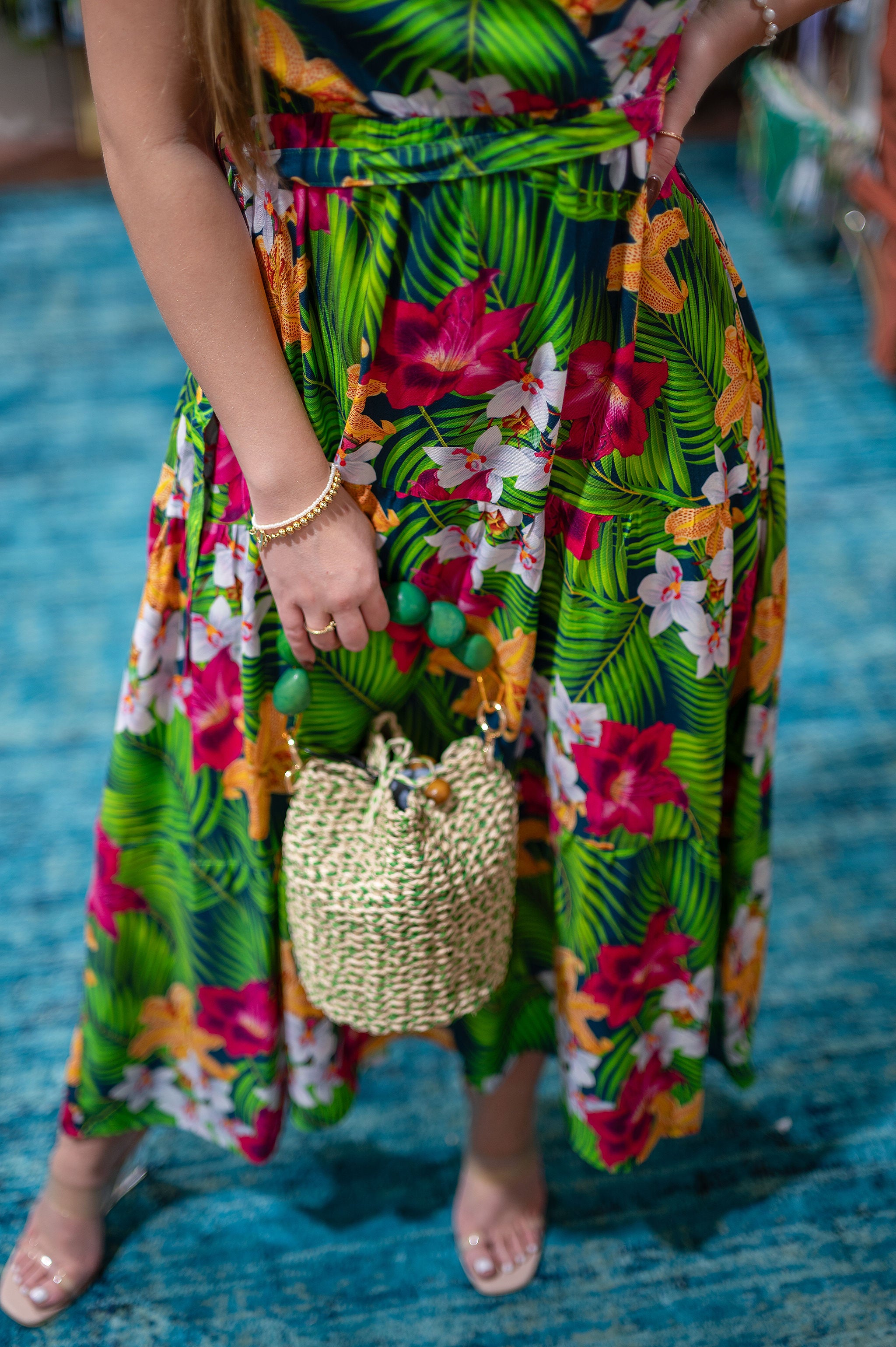Floral Midi Dress Sleeveless with Pockets and Belt,Boho Deep V Neck Dress for Women, Tropical Print Summer Dress,Beach Resort Vacation Wear