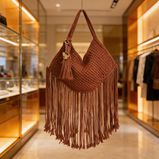 Handmade Brown Macrame Bag, Unique Boho Fringe Bag, Handwoven Shoulder Purse, Tote Crochet &nbsp;Handbag.