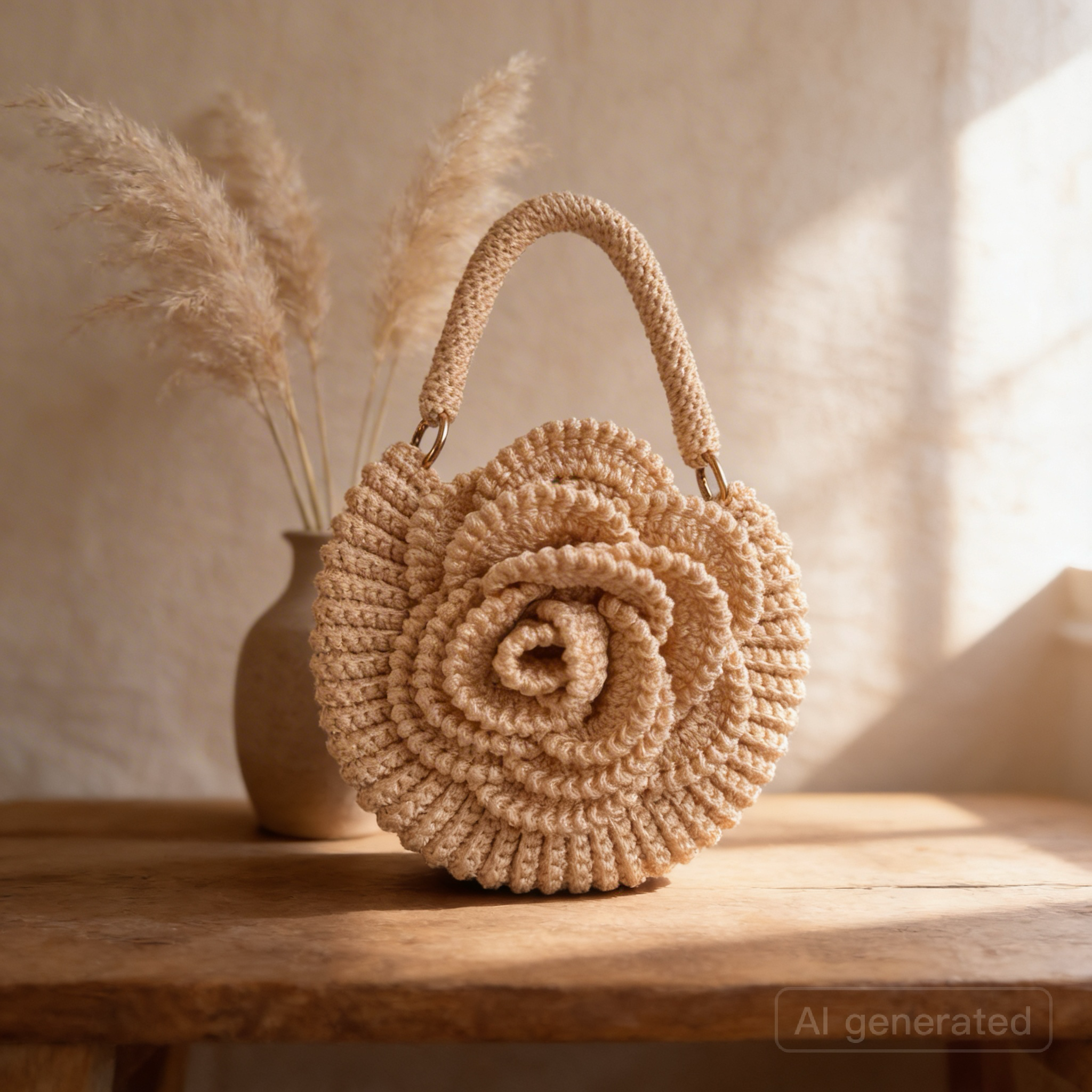 Handmade Rose Crochet Top Handle Bag, Round Flower Knitted Purse