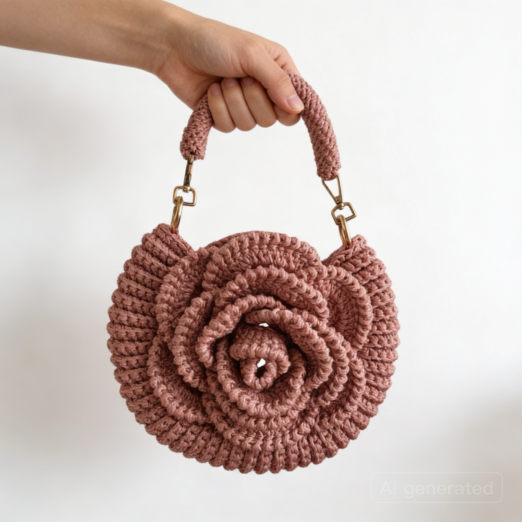 Handmade Rose Crochet Top Handle Bag, Round Flower Knitted Purse