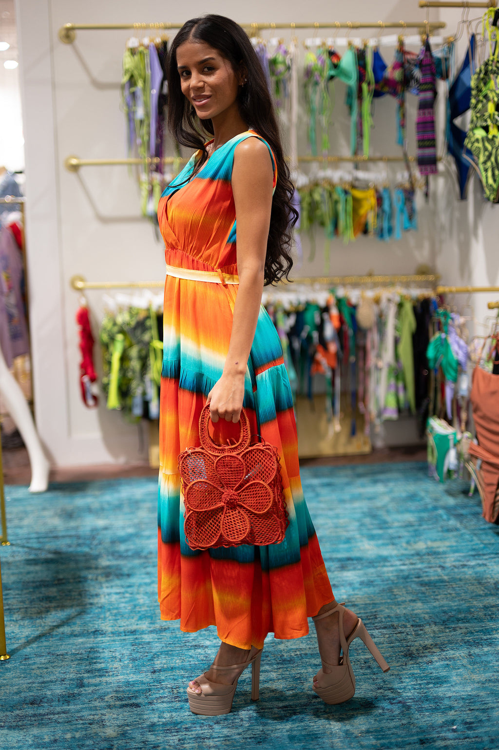 Floral Midi Dress Sleeveless with Pockets and Belt,Boho Deep V Neck Dress for Women, Tropical Print Summer Dress,Beach Resort Vacation Wear