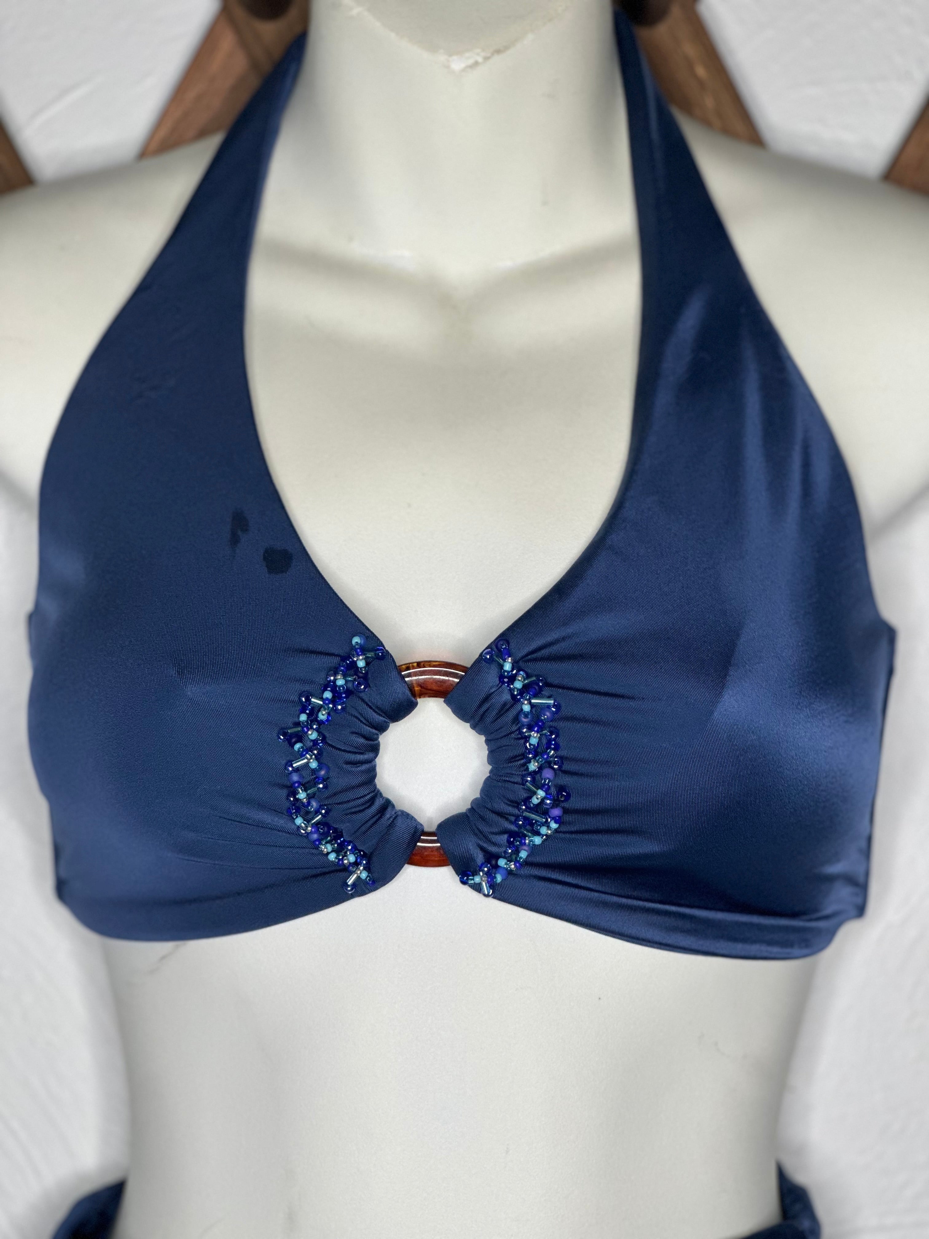 Navy  Blue Halter Top  with High-Waisted Shiny Bathing Suit Bikini Set