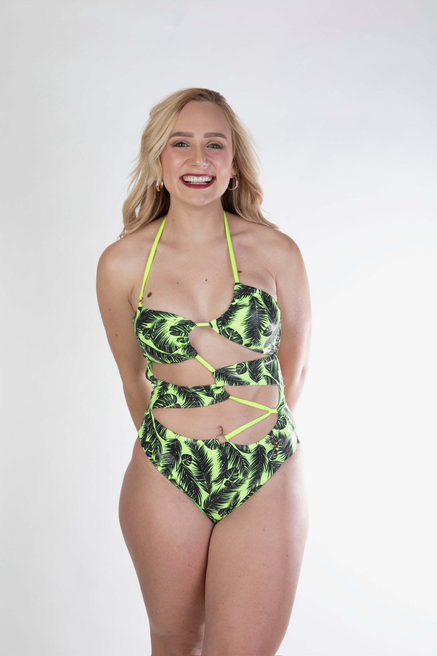 Neon One Piece Leaves Print  Bathing Suit, One Piece Asymmetrical Swimsuits,   One Piece Swimwear