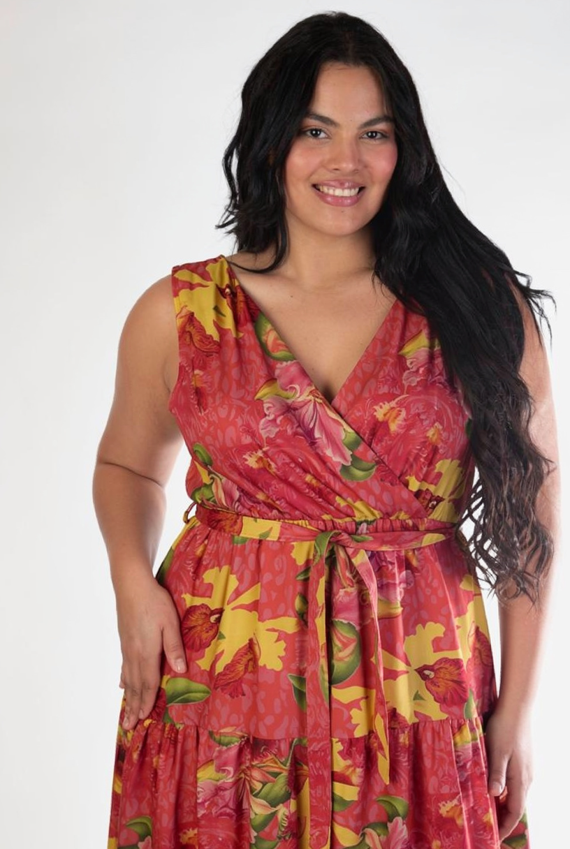 Floral Midi Dress Sleeveless with Pockets and Belt,Boho Deep V Neck Dress for Women, Tropical Print Summer Dress,Beach Resort Vacation Wear