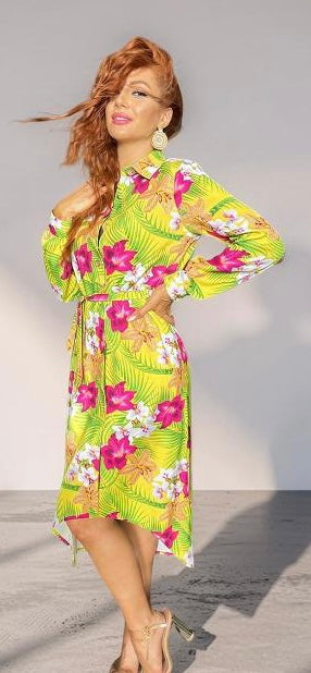 Floral Midi Dress Asymmetrical High-low Hemline with Pockets and Belt, Tropical Boho Dress for Women, Button Down Summer Dress, Resort Wear