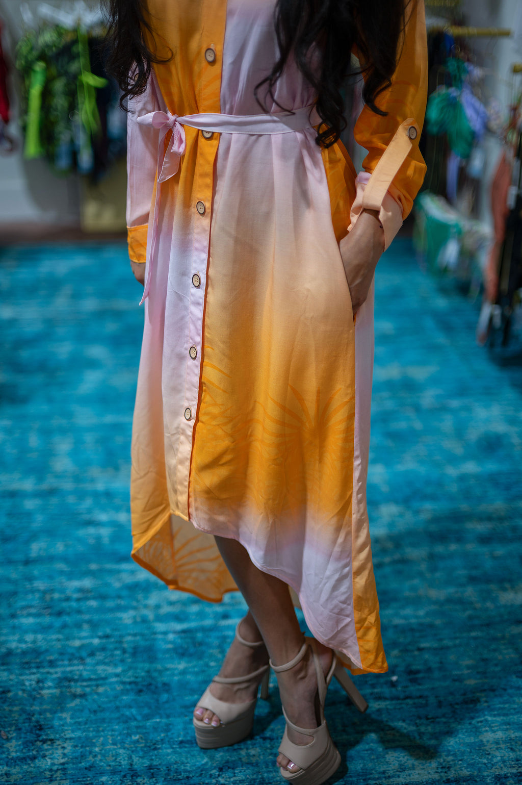 Ombre Midi Dress with Pockets and Belt, Asymmetrical High-Low Boho Dress for Women, Gradient Print Summer Dress, Beach Vacation Resort Wear