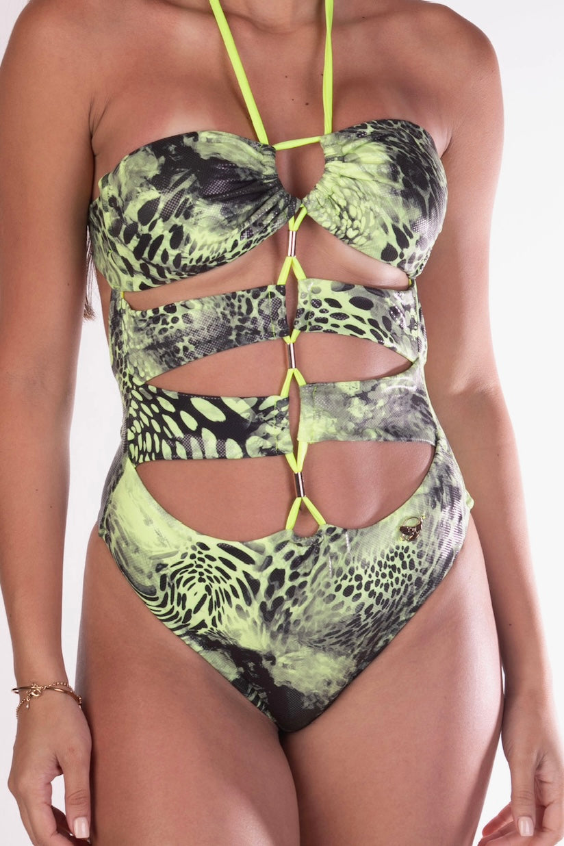 Neon Animal Print One Piece Swimsuit, Sexy Beachwear for Women, Trendy Swimwear