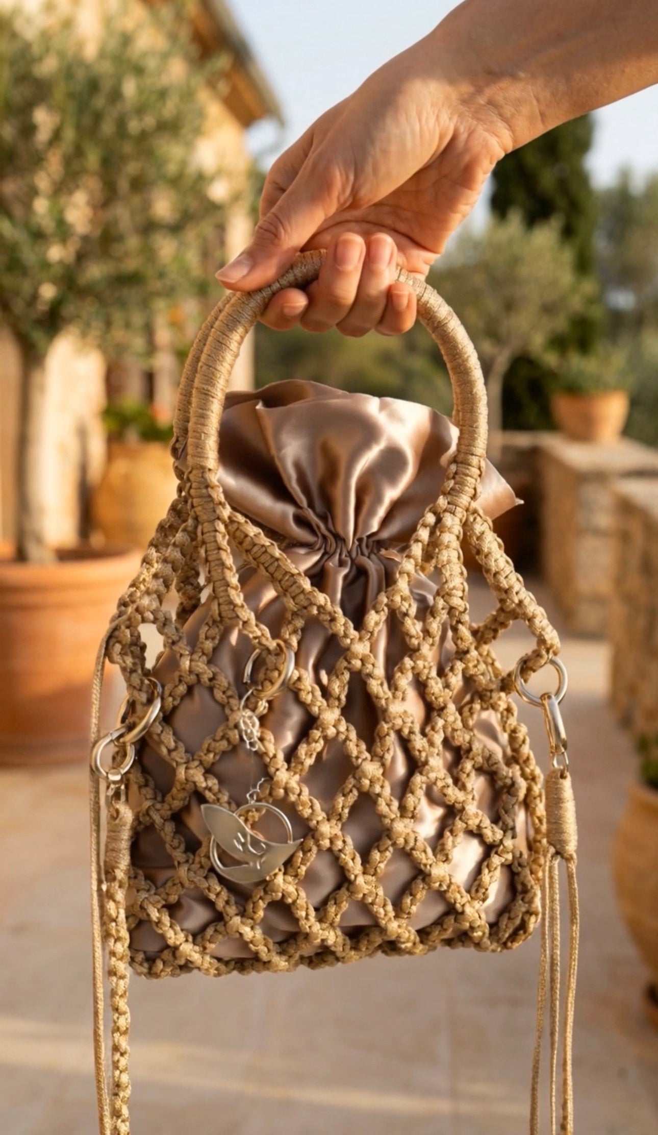 Handmade Macrame Fishnet Bag, Unique Luxury Handbag,  Handle top Small Macrame Purse