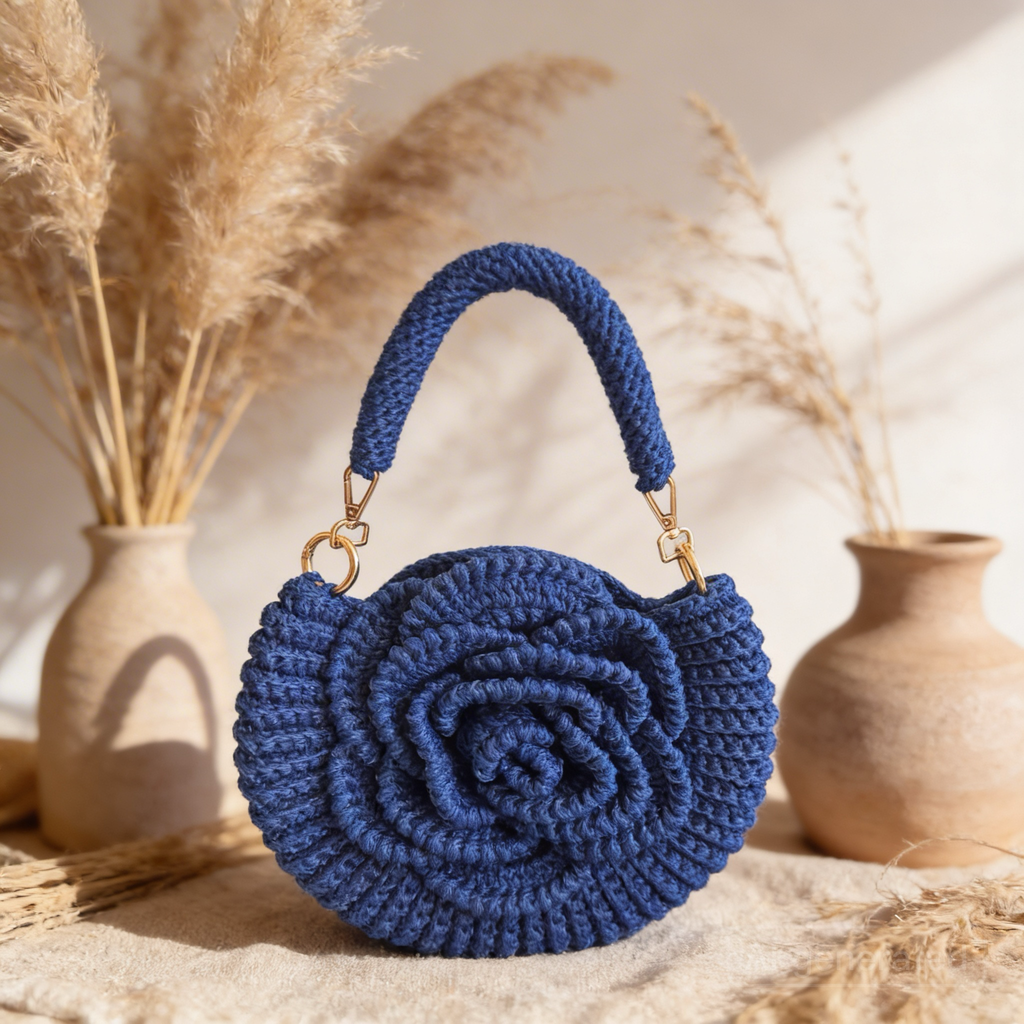 Handmade Rose Crochet Top Handle Bag, Round Flower Knitted Purse