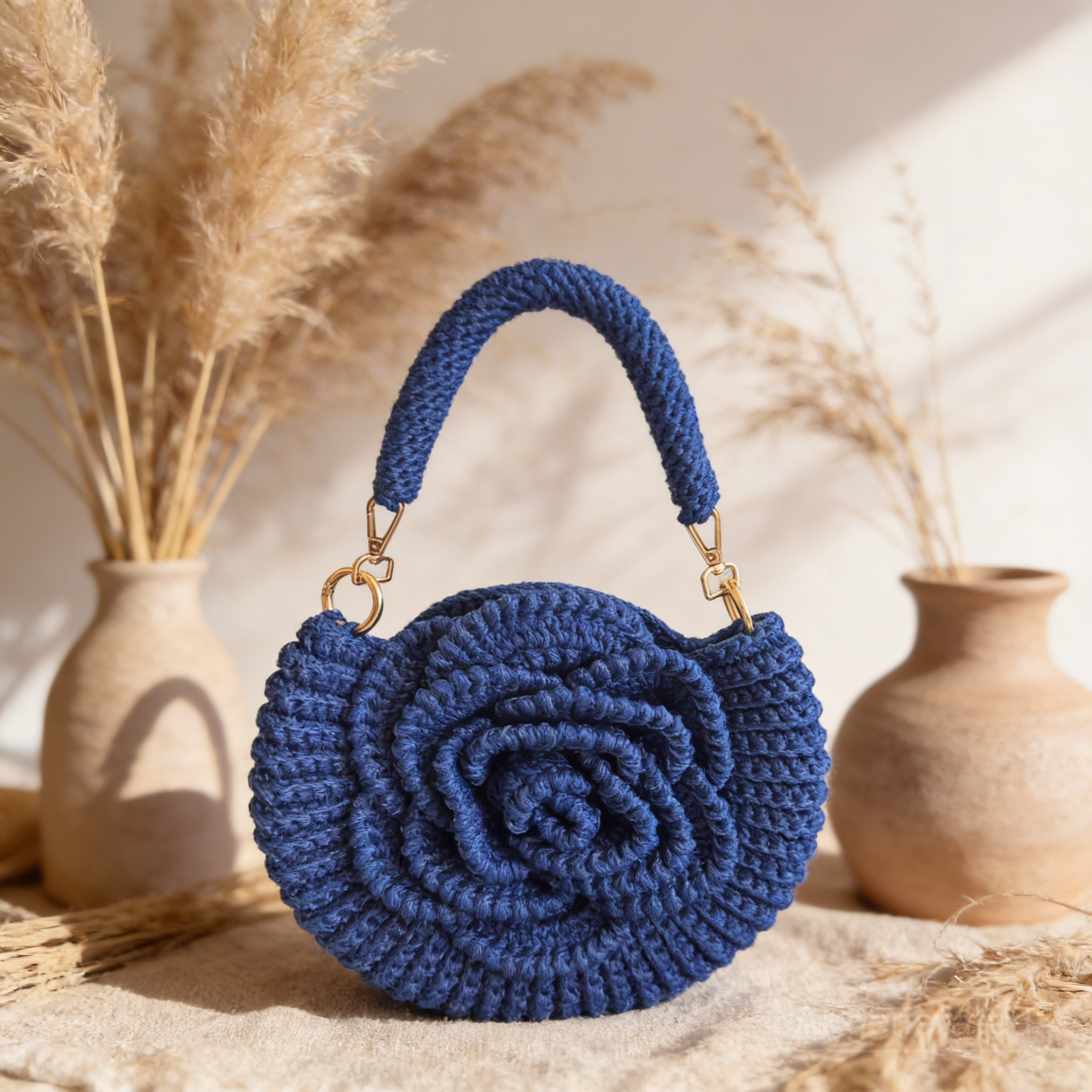 Handmade Rose Crochet Top Handle Bag, Round Flower Knitted Purse