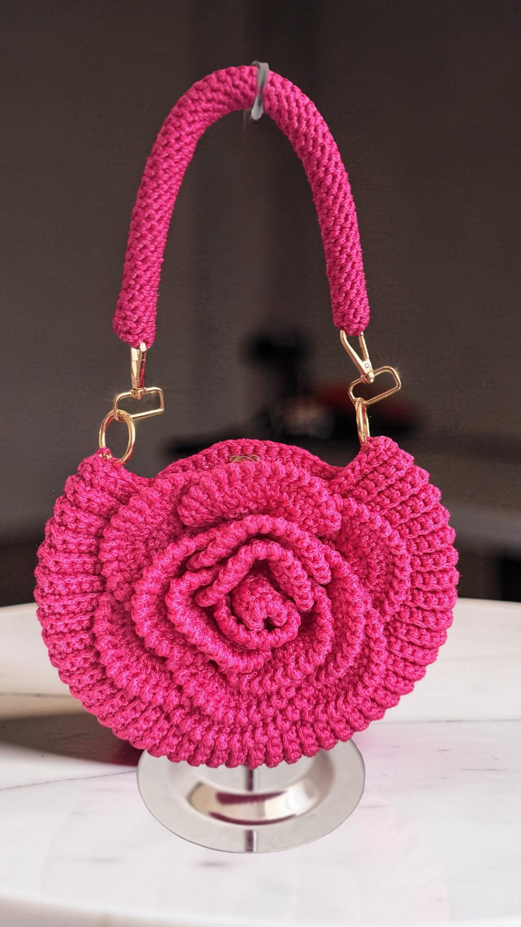 Handmade Rose Crochet Top Handle Bag, Round Flower Knitted Purse