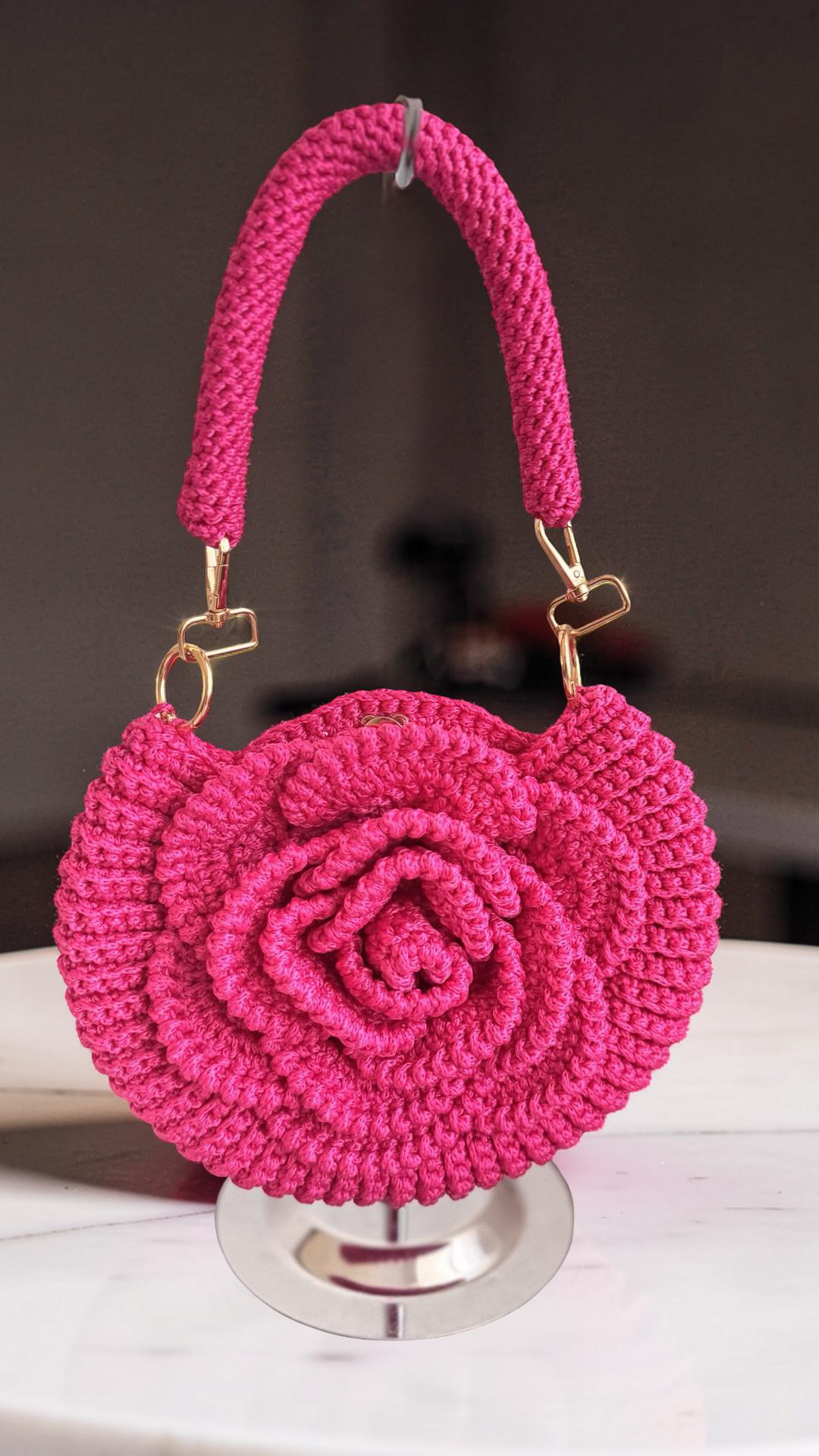 Handmade Rose Crochet Top Handle Bag, Round Flower Knitted Purse