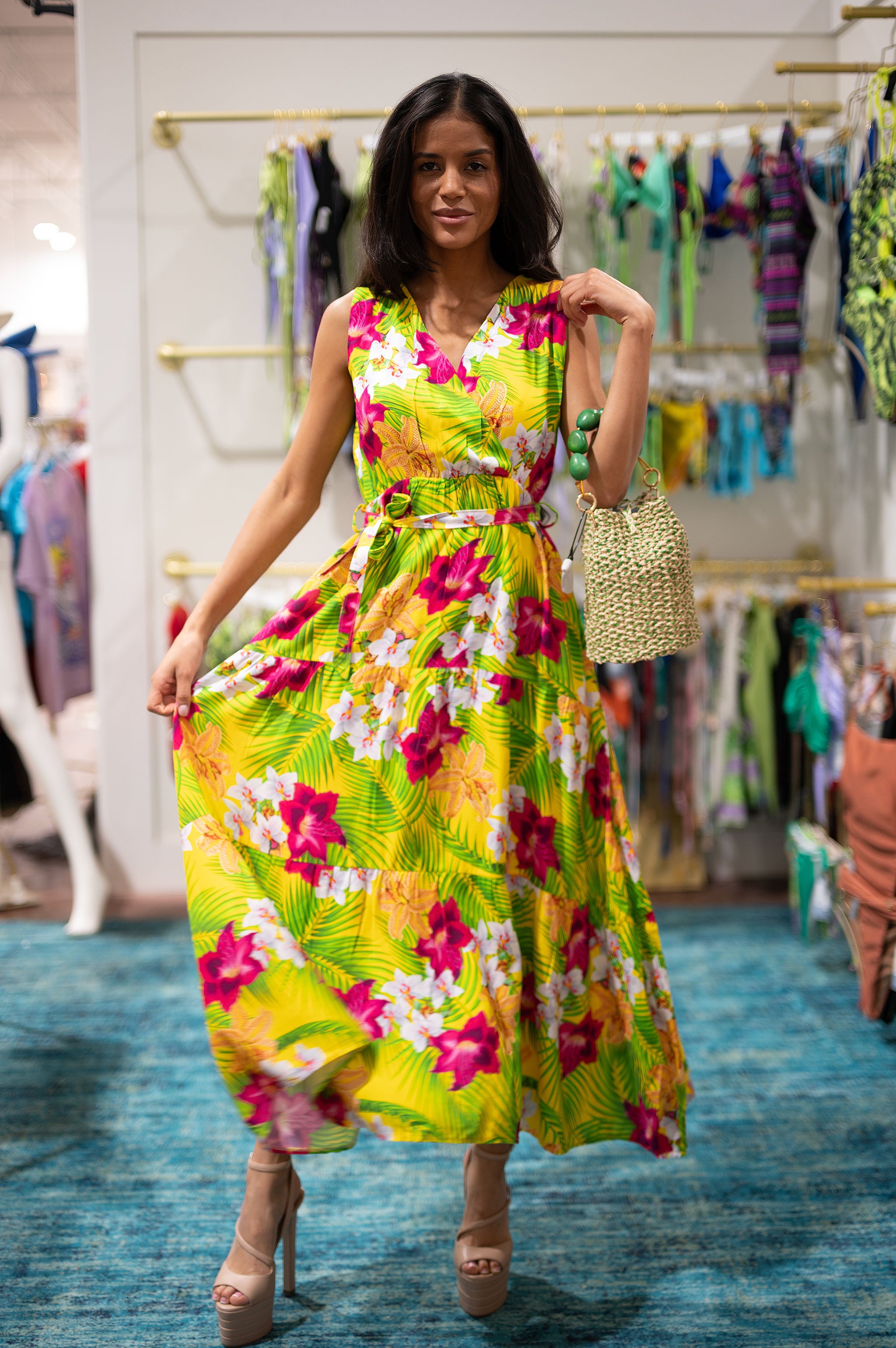 Floral Midi Dress Sleeveless with Pockets and Belt,Boho Deep V Neck Dress for Women, Tropical Print Summer Dress,Beach Resort Vacation Wear