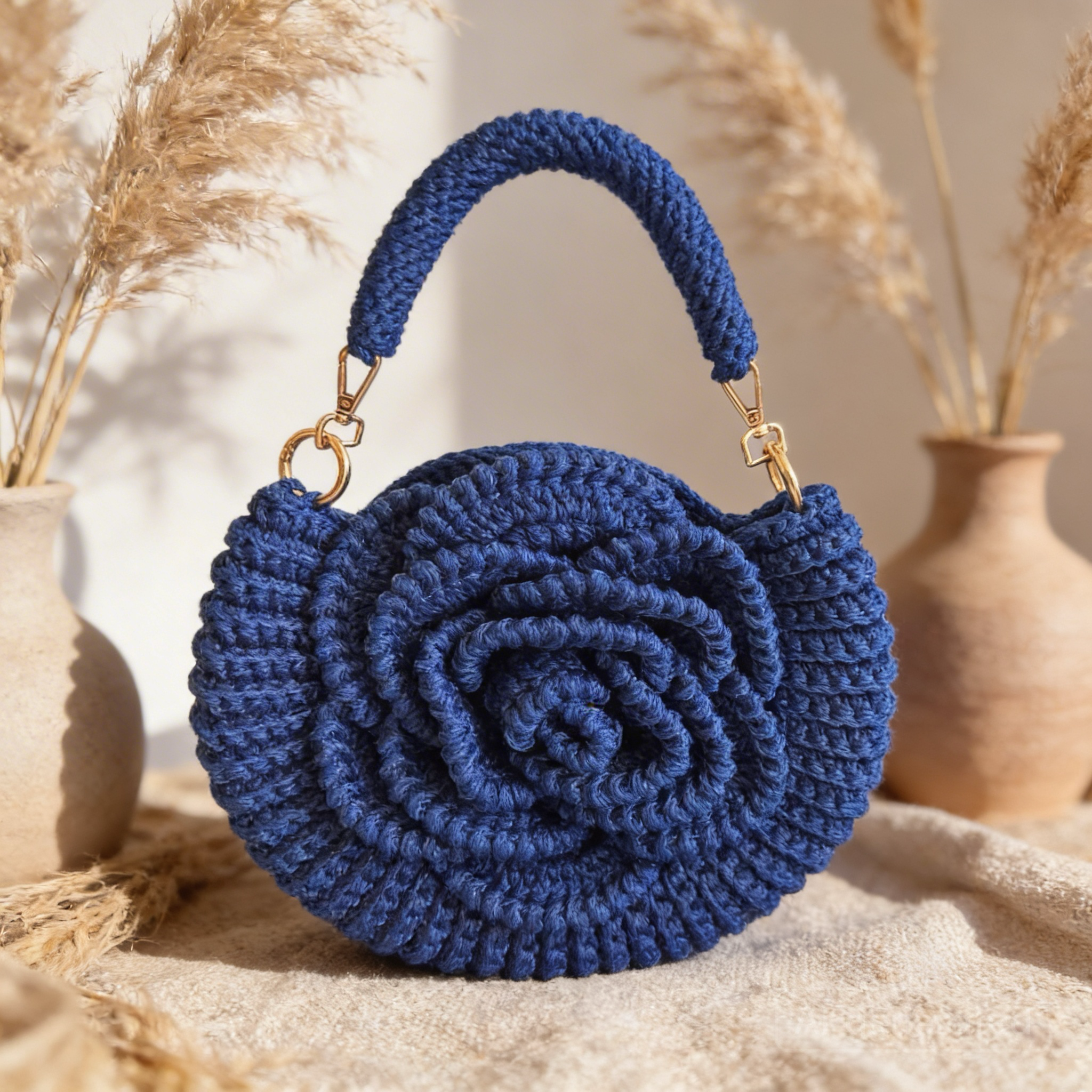 Handmade Rose Crochet Top Handle Bag, Round Flower Knitted Purse