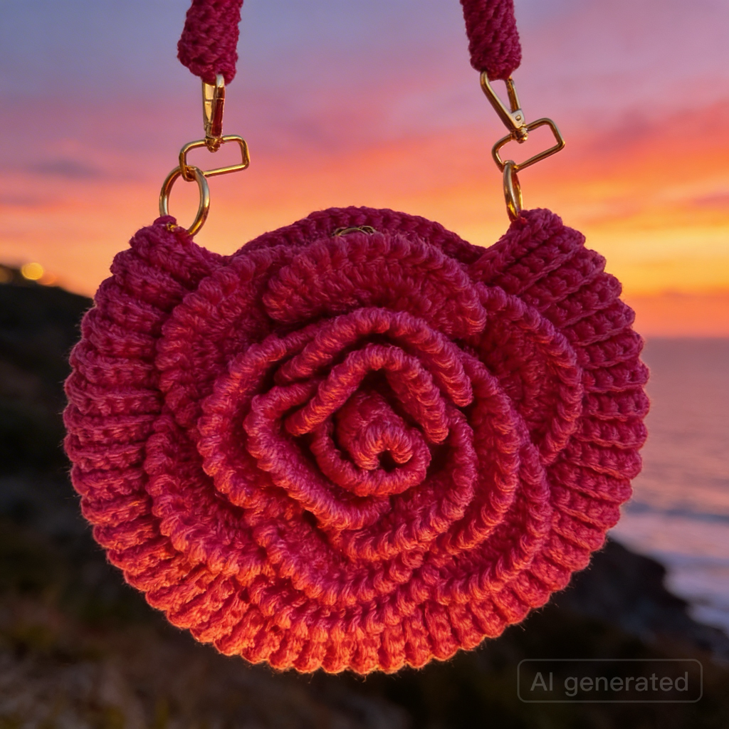 Handmade Rose Crochet Top Handle Bag, Round Flower Knitted Purse