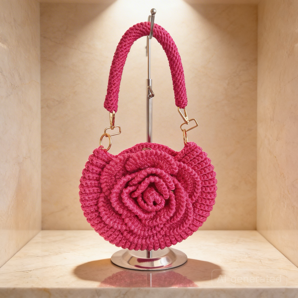 Handmade Rose Crochet Top Handle Bag, Round Flower Knitted Purse