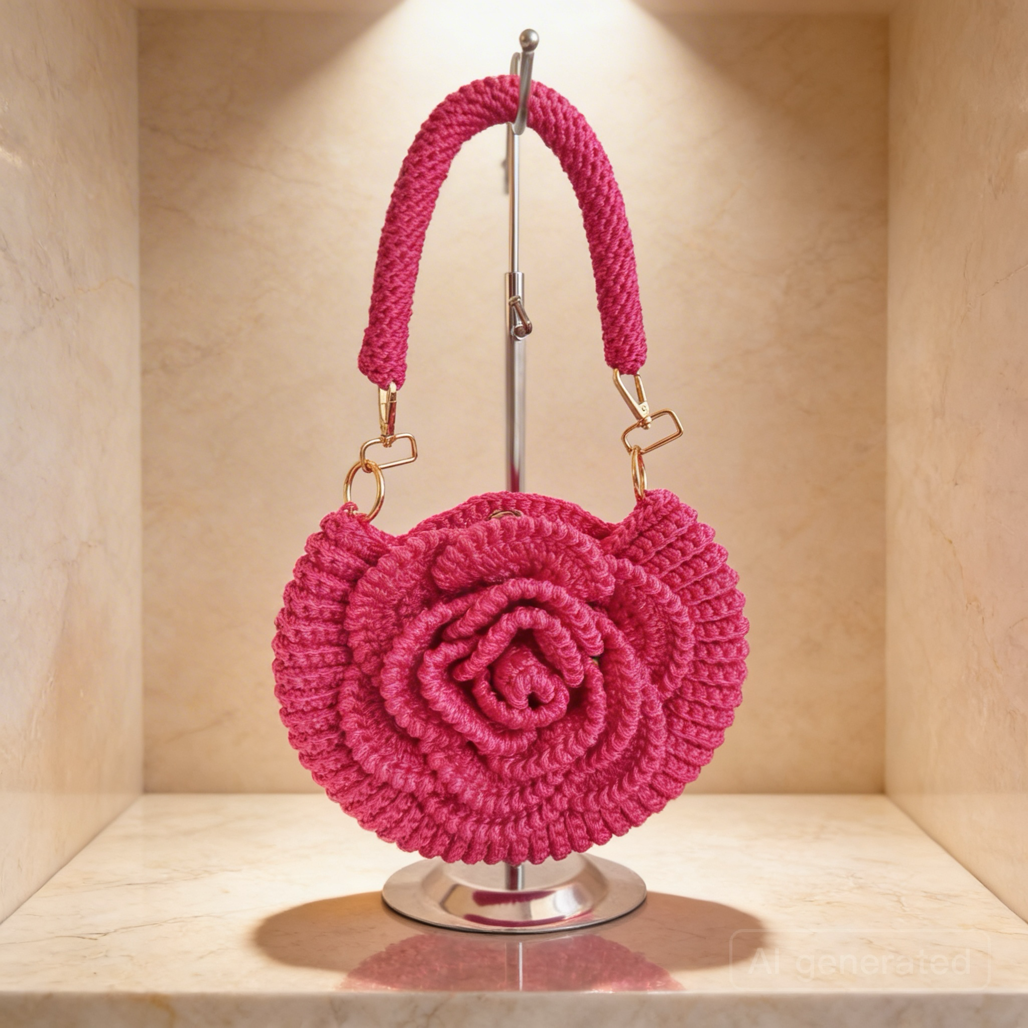 Handmade Rose Crochet Top Handle Bag, Round Flower Knitted Purse
