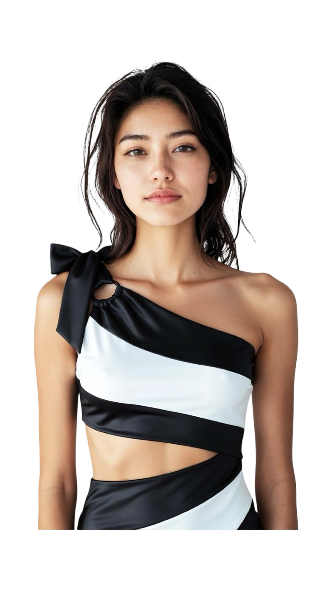 Black White One Shoulder Cutout One Piece Swimsuit Women, Asymmetrical