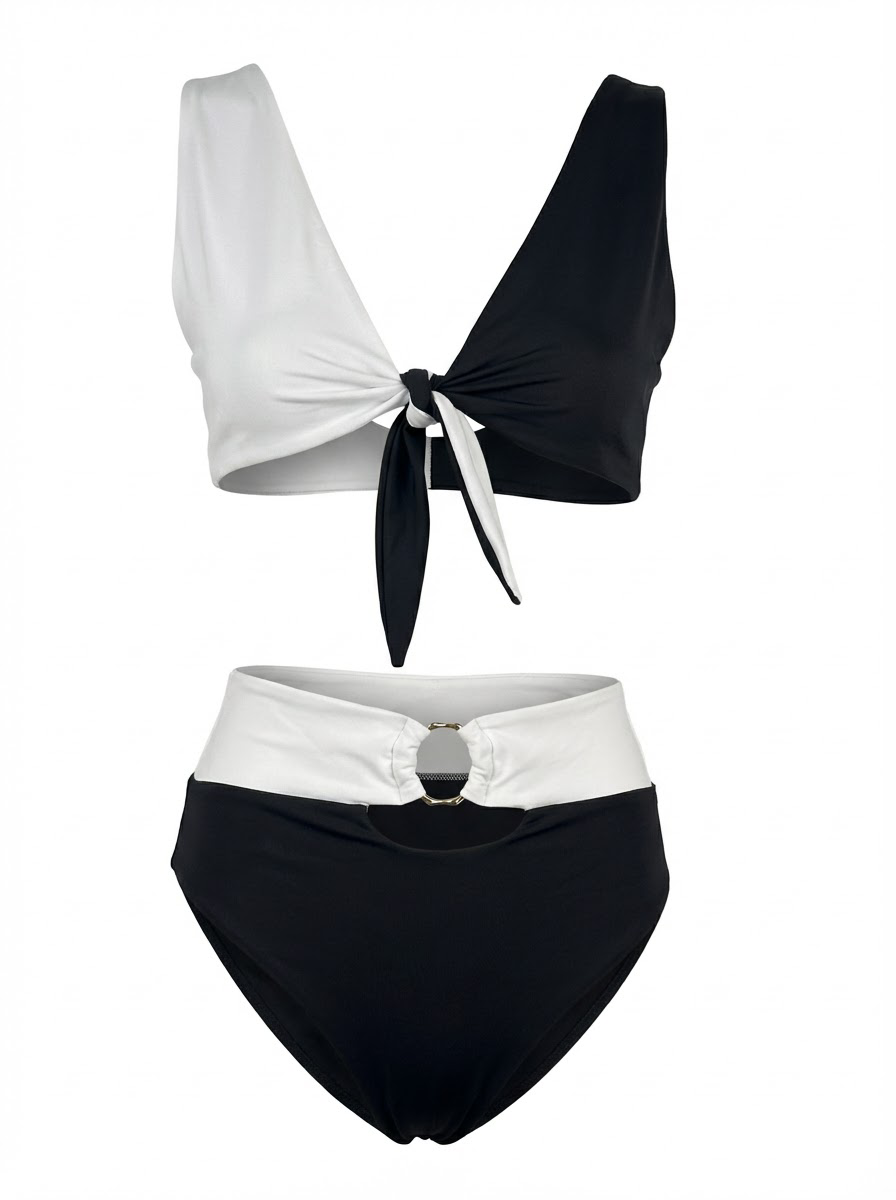 Black White Bikini Set Women, Tie Top High Waisted Bottom Swimsuit