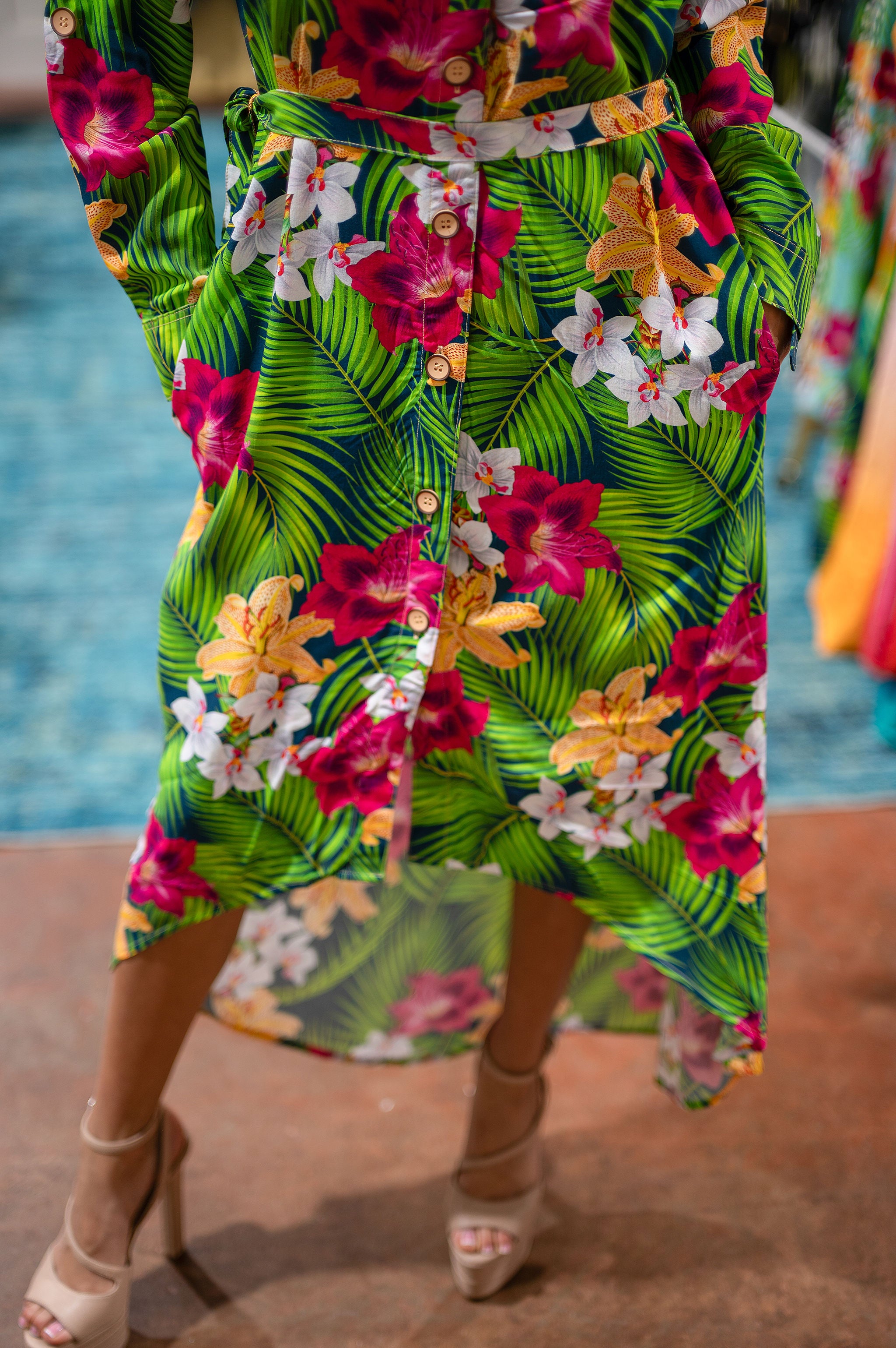 Floral Midi Dress Asymmetrical High-low Hemline with Pockets and Belt, Tropical Boho Dress for Women, Button Down Summer Dress, Resort Wear