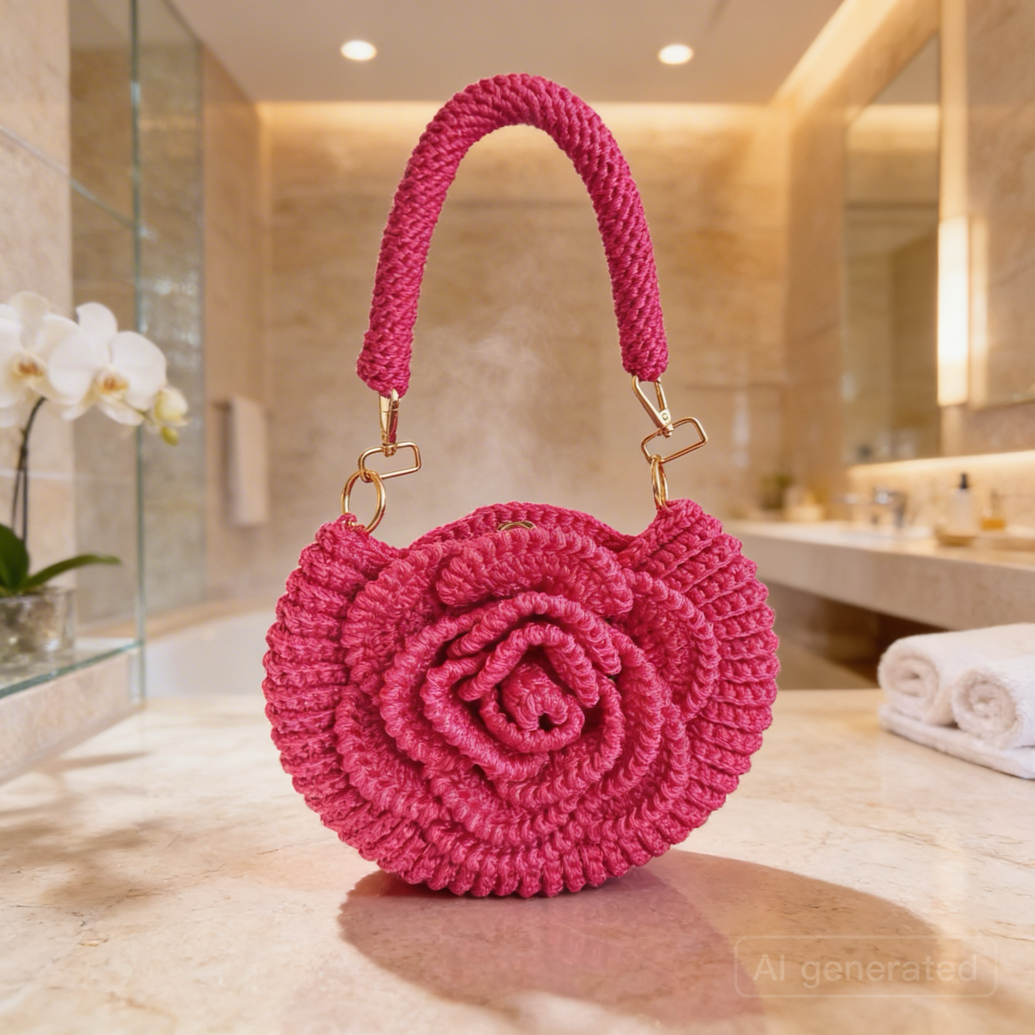 Handmade Rose Crochet Top Handle Bag, Round Flower Knitted Purse