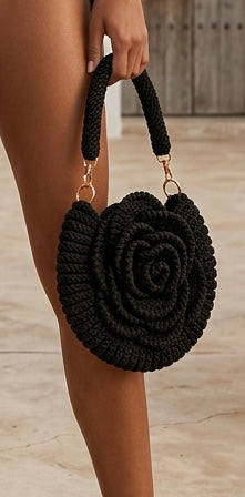 Handmade Rose Crochet Top Handle Bag, Round Flower Knitted Purse