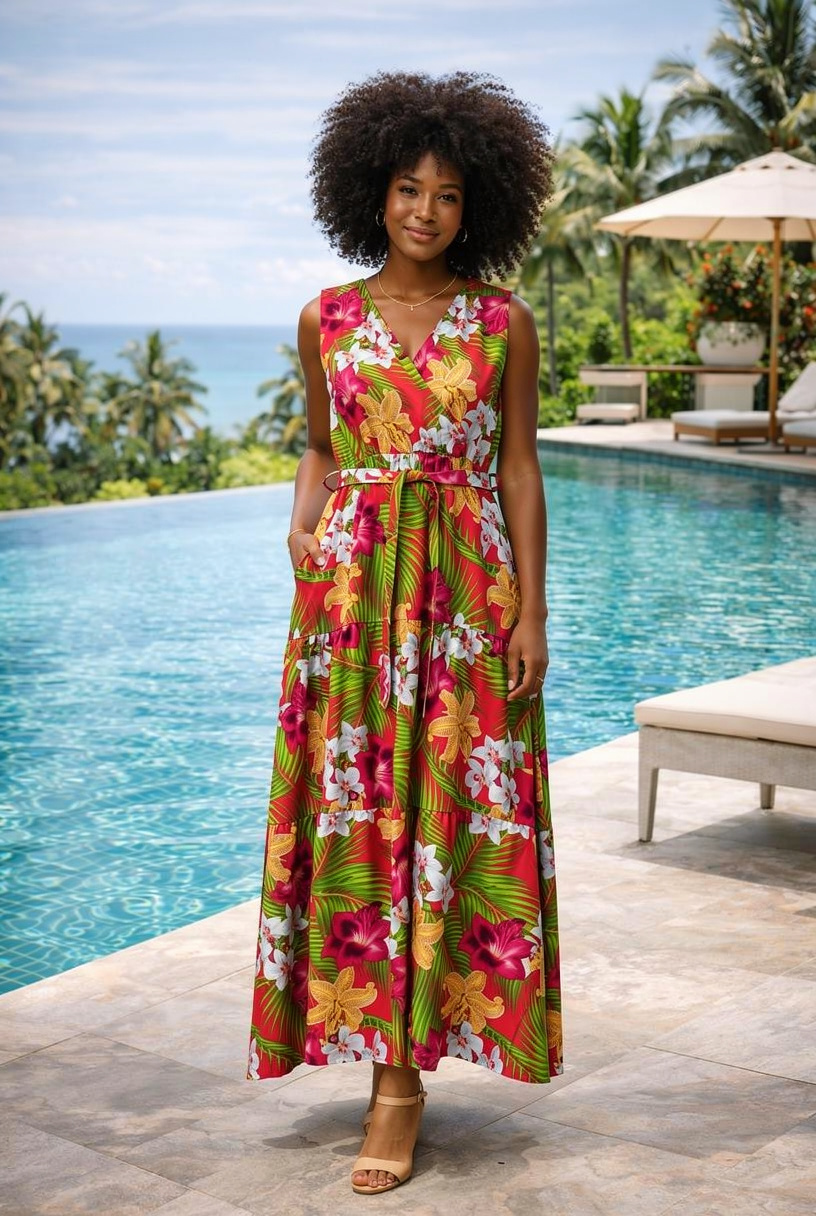 Floral Midi Dress Sleeveless with Pockets and Belt,Boho Deep V Neck Dress for Women, Tropical Print Summer Dress,Beach Resort Vacation Wear