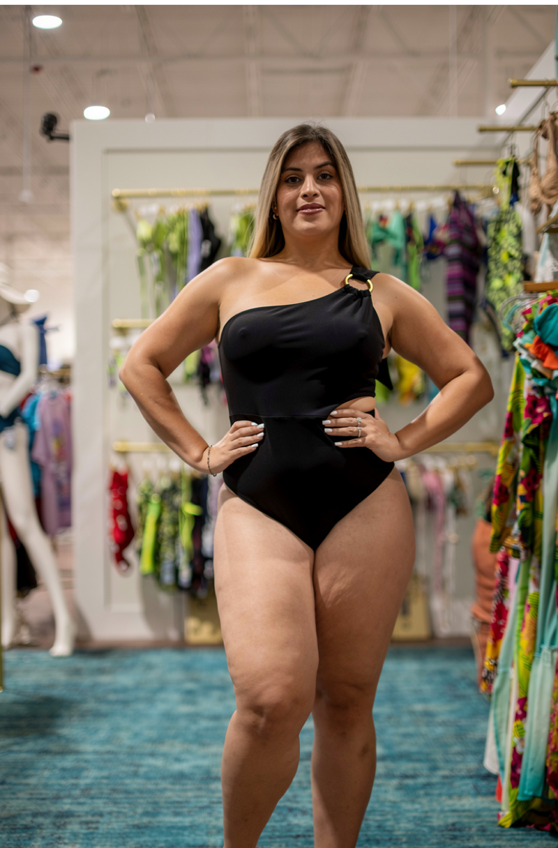 One Shoulder Black Cutout One Piece Swimsuit Women, Asymmetrical Bathing Suit