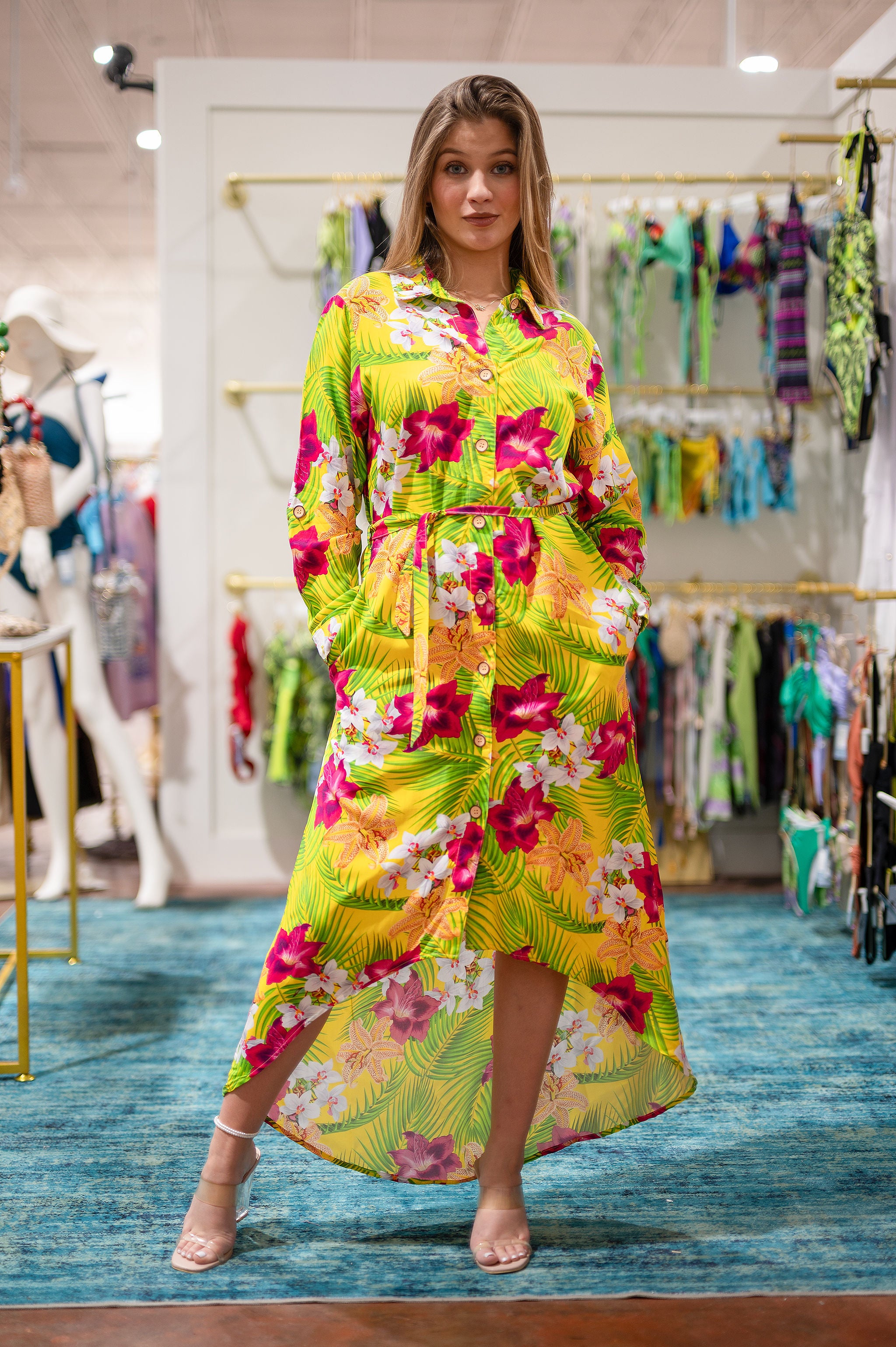 Floral Midi Dress Sleeveless with Pockets and Belt,Boho Deep V Neck Dress for Women, Tropical Print Summer Dress,Beach Resort Vacation Wear