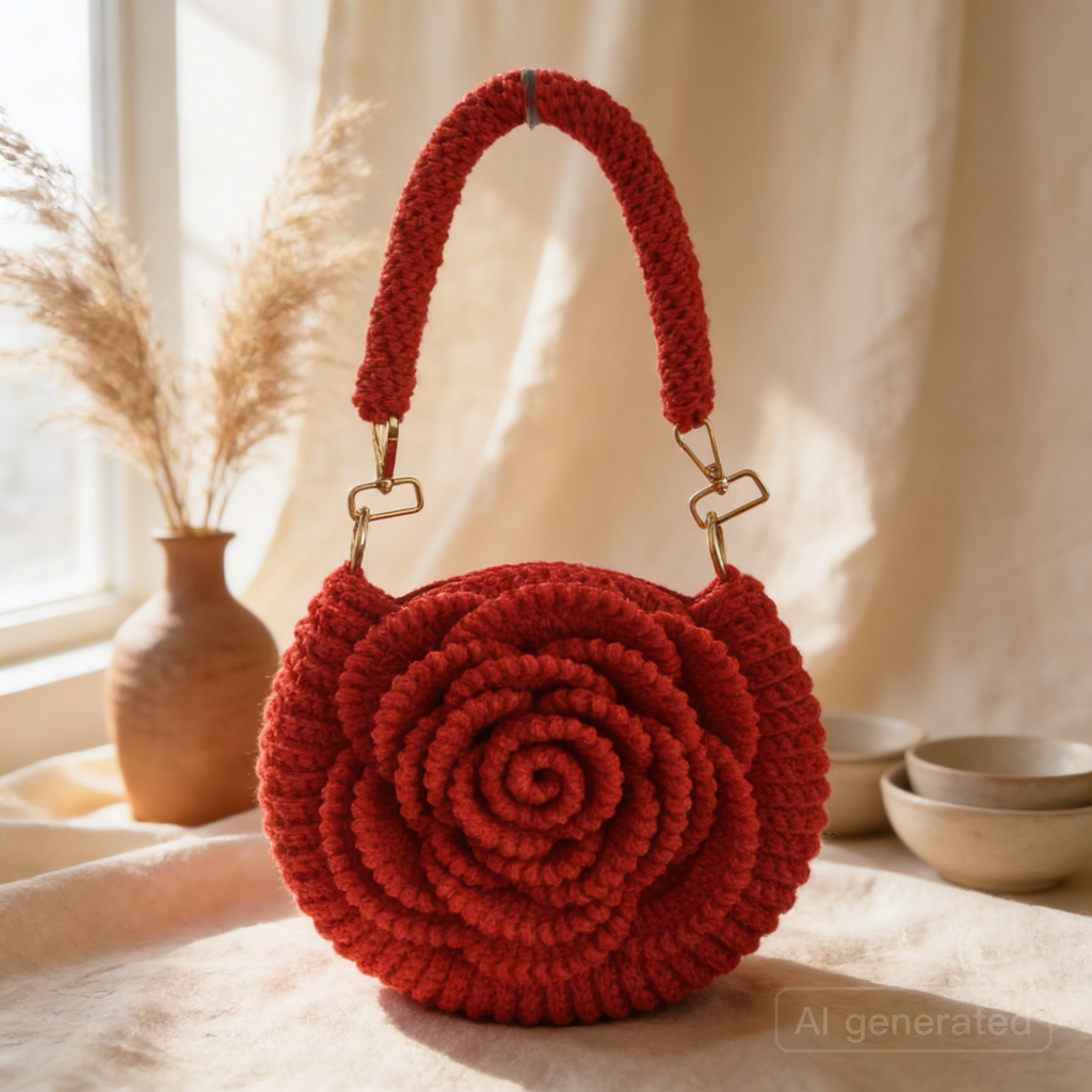 Handmade Rose Crochet Top Handle Bag, Round Flower Knitted Purse