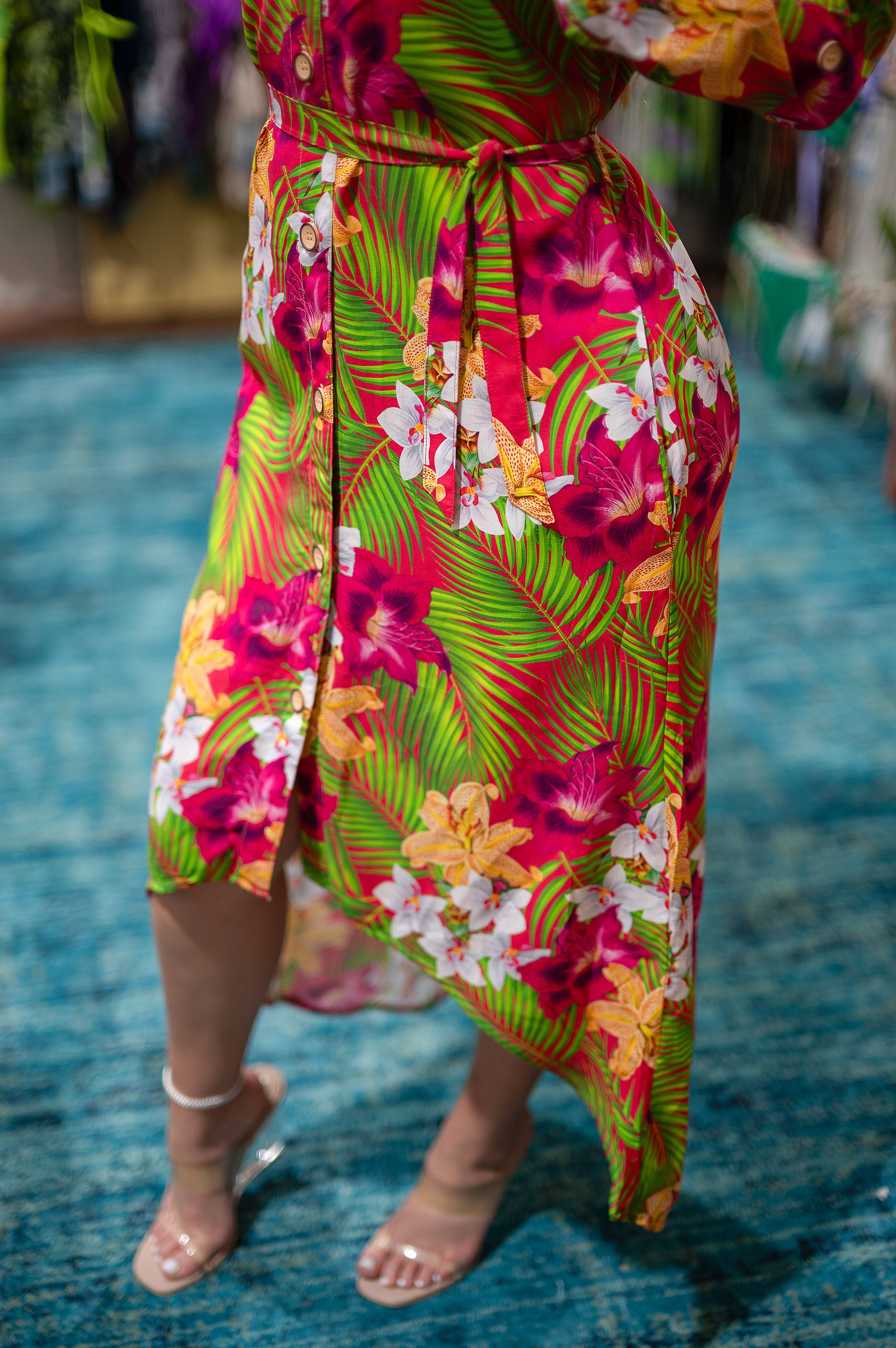Floral Midi Dress Asymmetrical High-low Hemline with Pockets and Belt, Tropical Boho Dress for Women, Button Down Summer Dress, Resort Wear