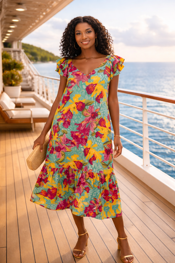 Floral Maxi Dress with Pockets, Boho Button Down Long Dress for Women, Tropical Print Summer Dress, Beach Resort Vacation Wear