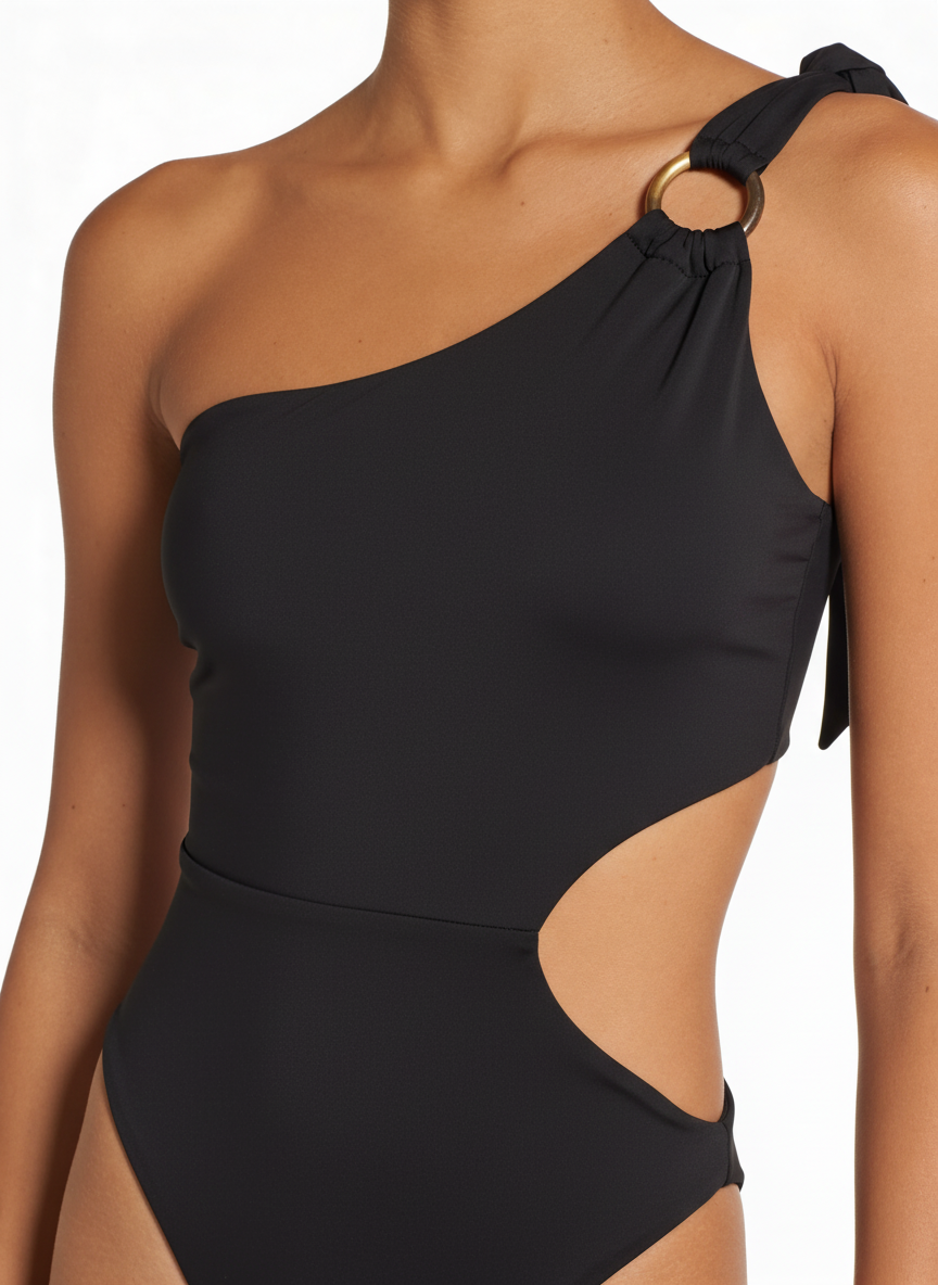One Shoulder Black Cutout One Piece Swimsuit Women, Asymmetrical Bathing Suit