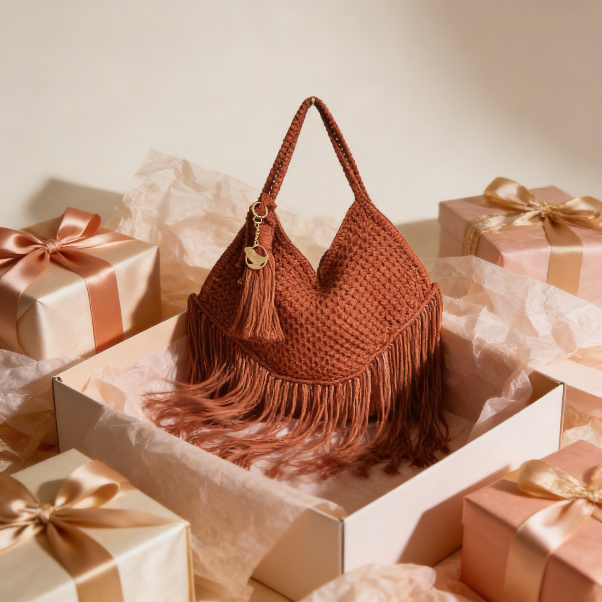 Handmade Brown Macrame Bag, Unique Boho Fringe Bag, Handwoven Shoulder Purse, Tote Crochet &nbsp;Handbag.
