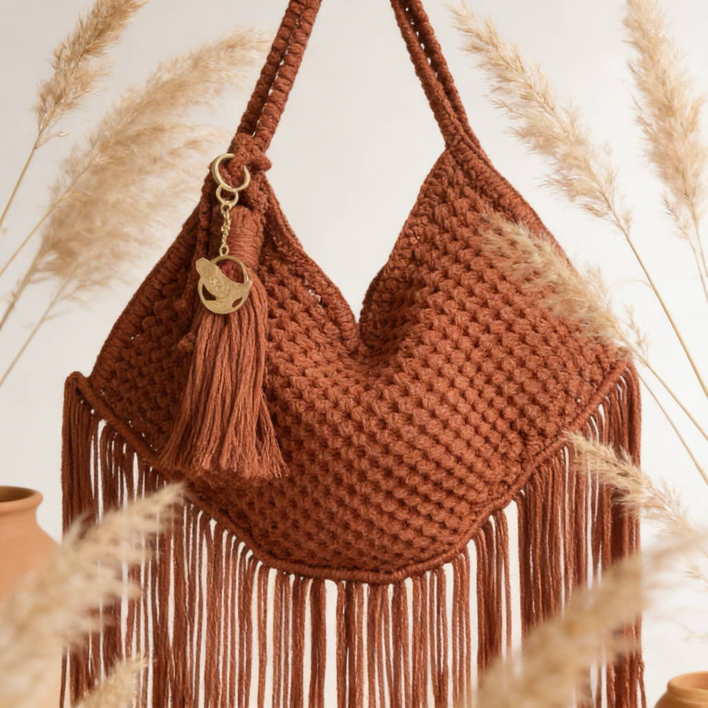 Handmade Brown Macrame Bag, Unique Boho Fringe Bag, Handwoven Shoulder Purse, Tote Crochet &nbsp;Handbag.