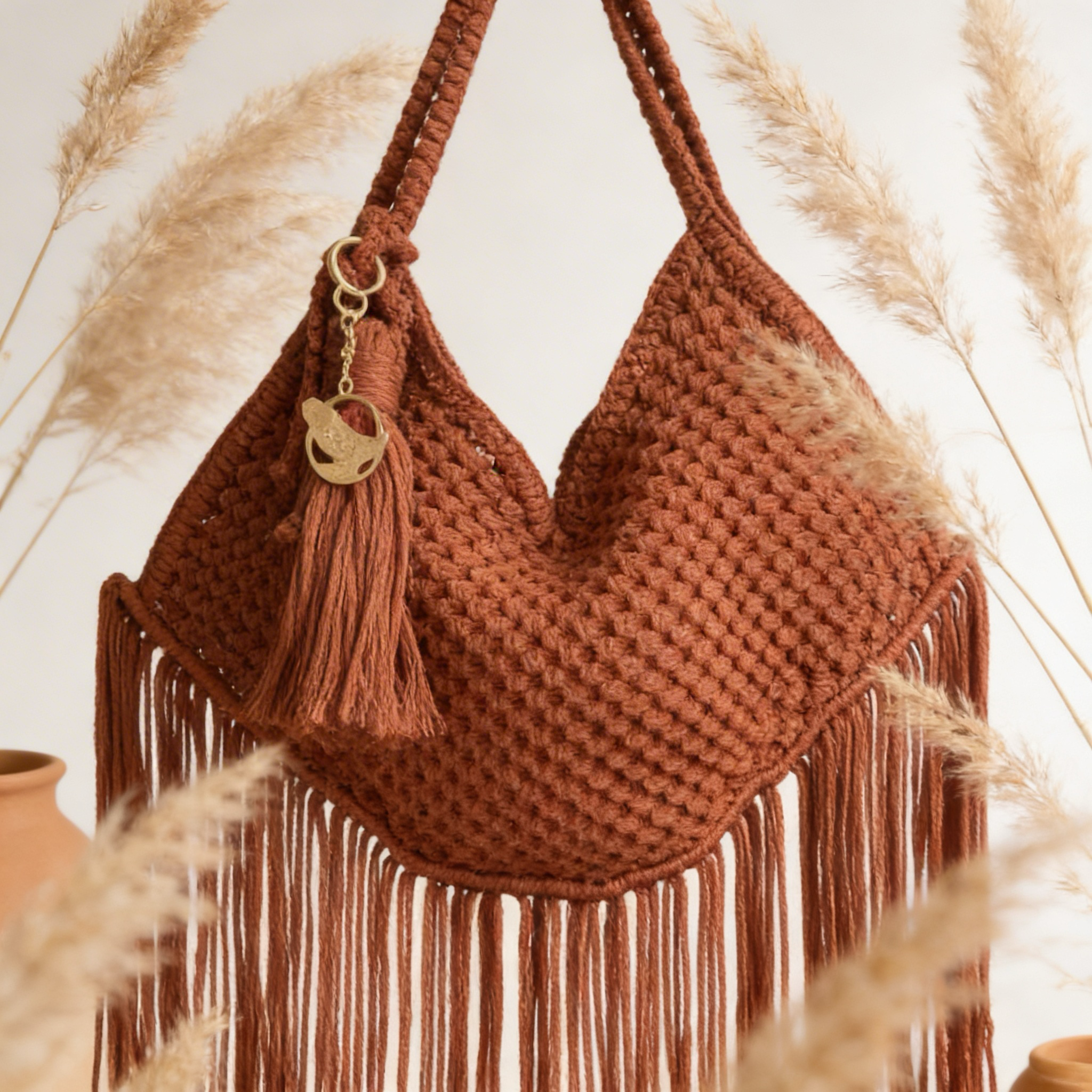 Handmade Brown Macrame Bag, Unique Boho Fringe Bag, Handwoven Shoulder Purse, Tote Crochet &nbsp;Handbag.