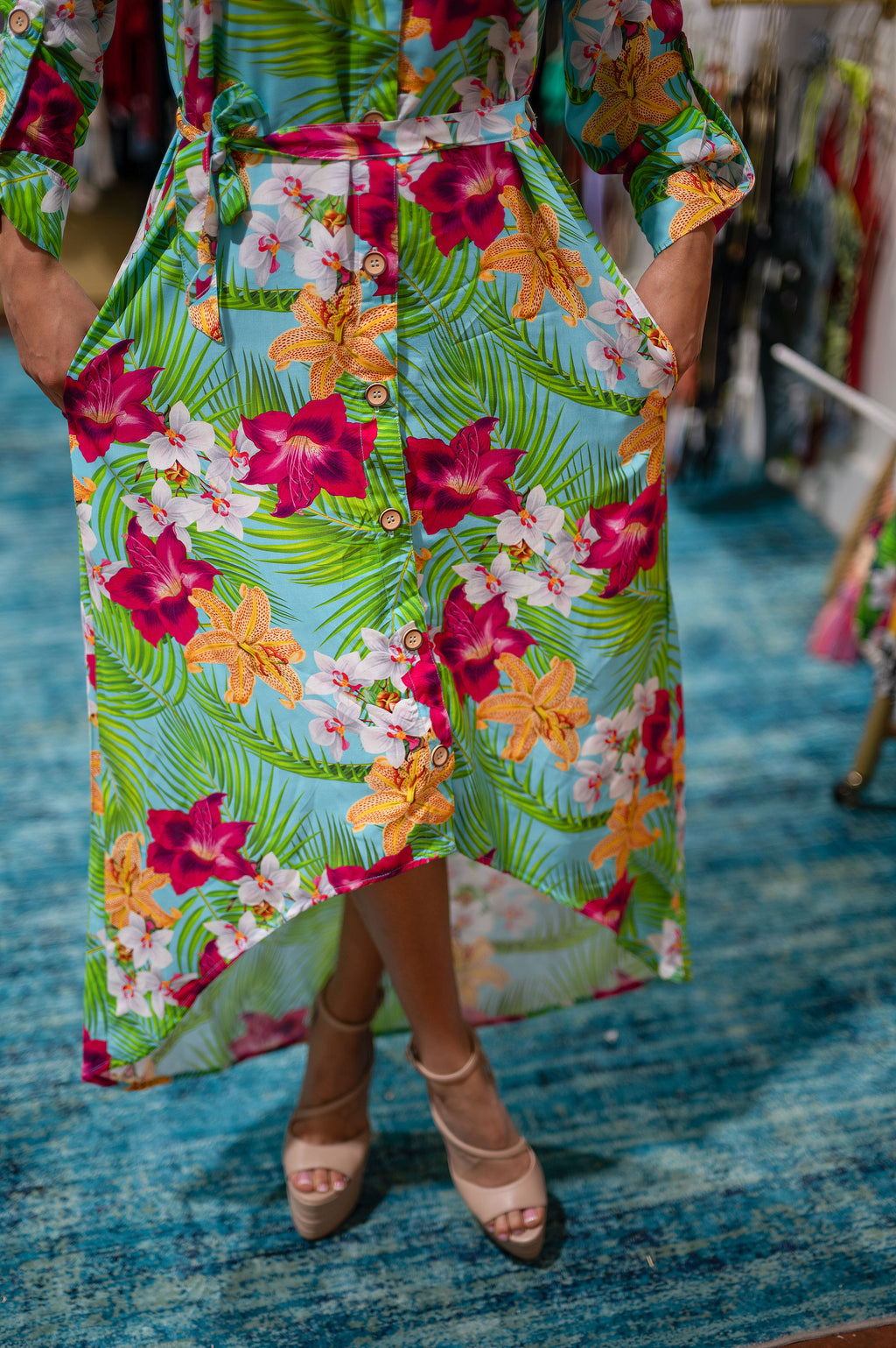 Floral Midi Dress Asymmetrical High-low Hemline with Pockets and Belt, Tropical Boho Dress for Women, Button Down Summer Dress, Resort Wear