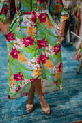 Floral Midi Dress Asymmetrical High-low Hemline with Pockets and Belt, Tropical Boho Dress for Women, Button Down Summer Dress, Resort Wear