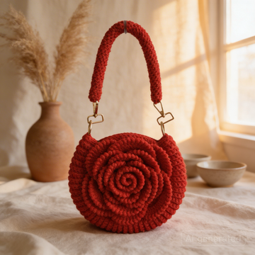 Handmade Rose Crochet Top Handle Bag, Round Flower Knitted Purse
