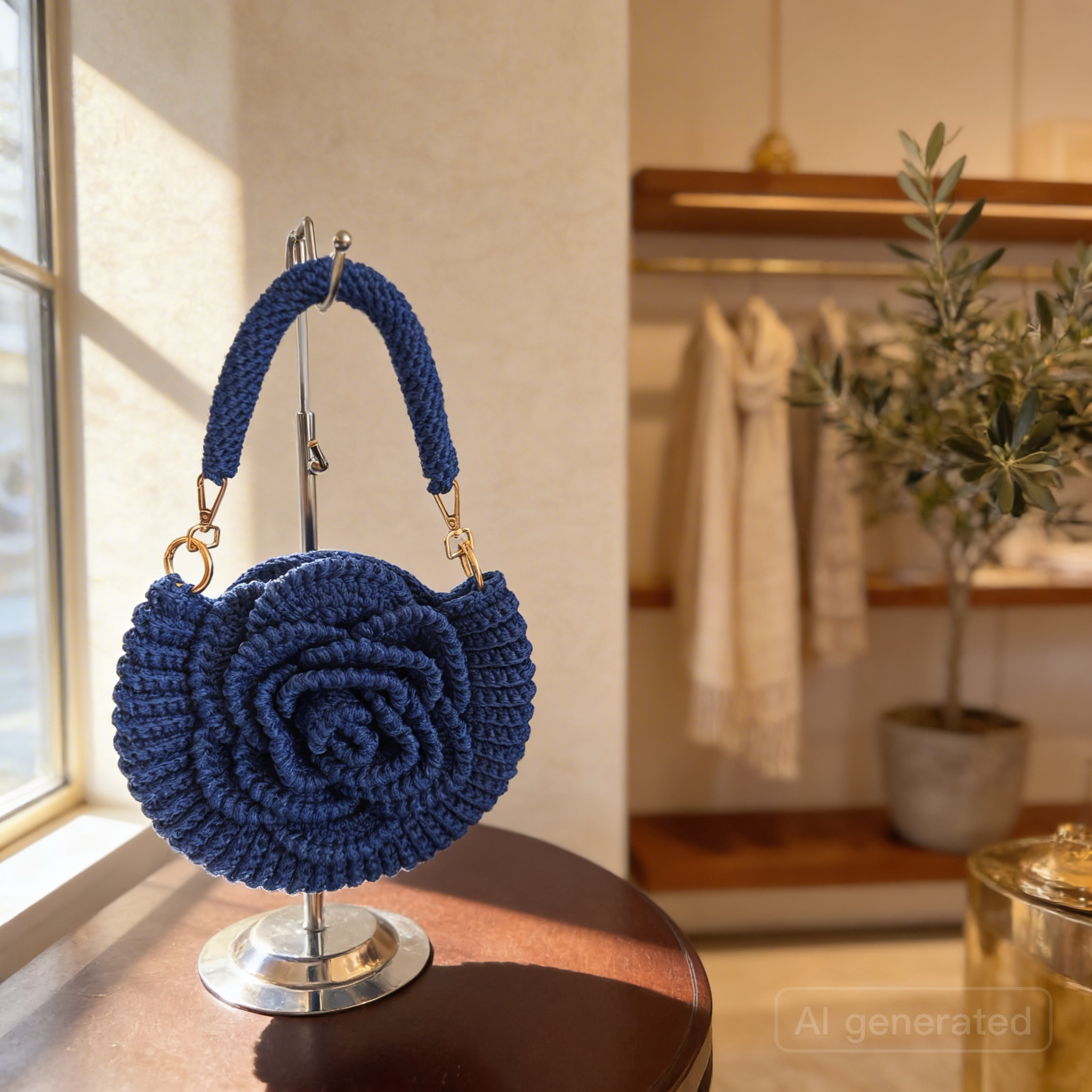 Handmade Rose Crochet Top Handle Bag, Round Flower Knitted Purse