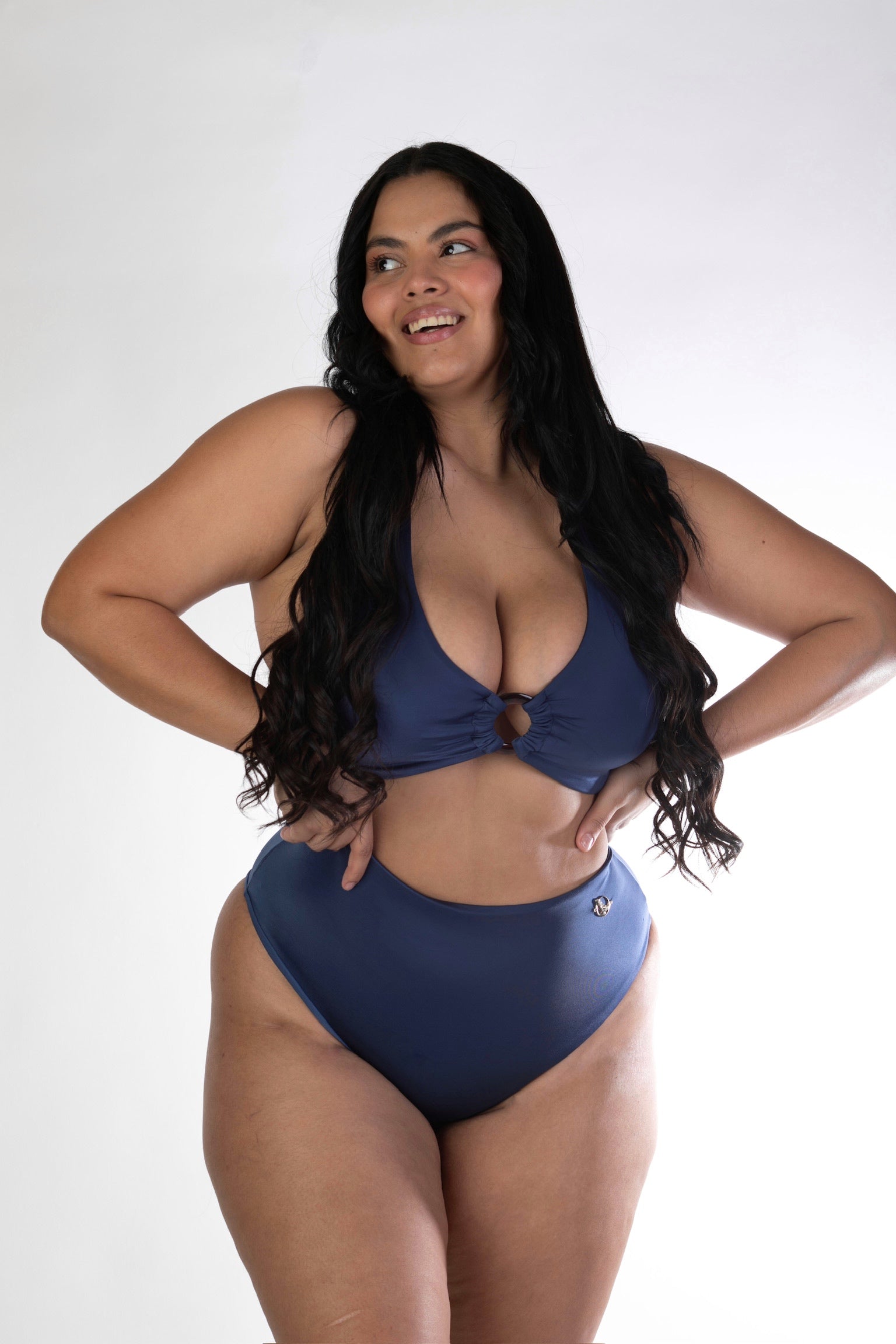 Navy  Blue Halter Top  with High-Waisted Shiny Bathing Suit Bikini Set
