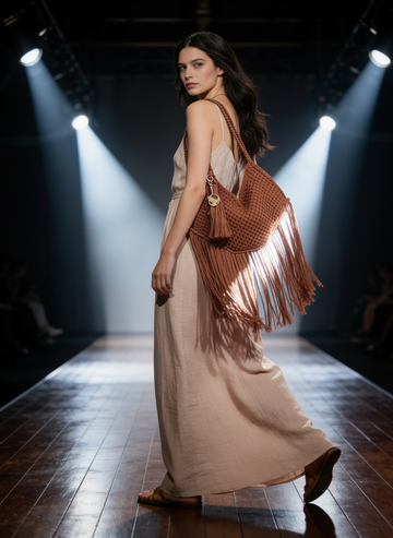 Handmade Brown Macrame Bag, Unique Boho Fringe Bag, Handwoven Shoulder Purse, Tote Crochet &nbsp;Handbag.