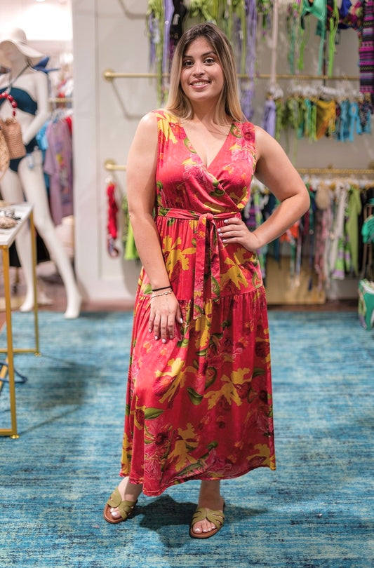 Floral Midi Dress Sleeveless with Pockets and Belt,Boho Deep V Neck Dress for Women, Tropical Print Summer Dress,Beach Resort Vacation Wear